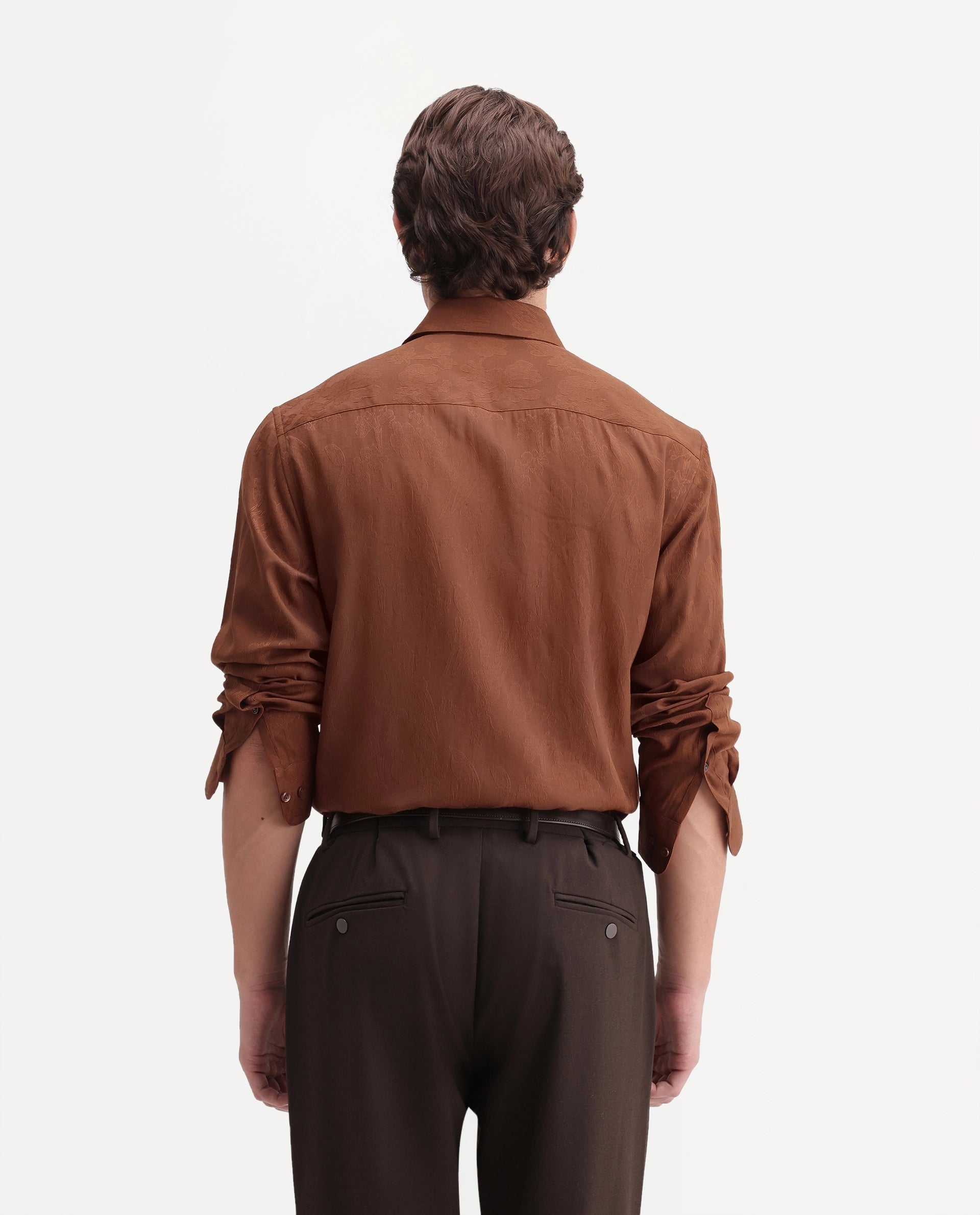 Rare Rabbit Men's Vel Rust Polyester Blend Button Regular Fit Jacquard Shirt