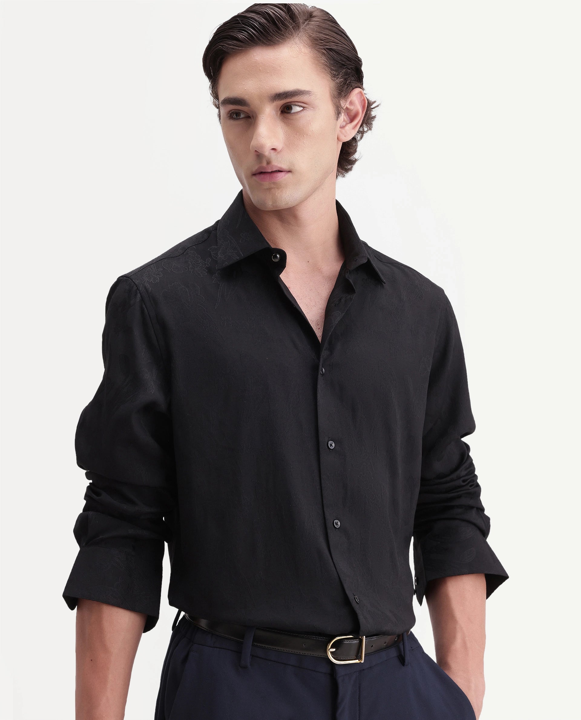 Rare Rabbit Men's Vel Black Polyester Blend Button Regular Fit Jacquard Shirt
