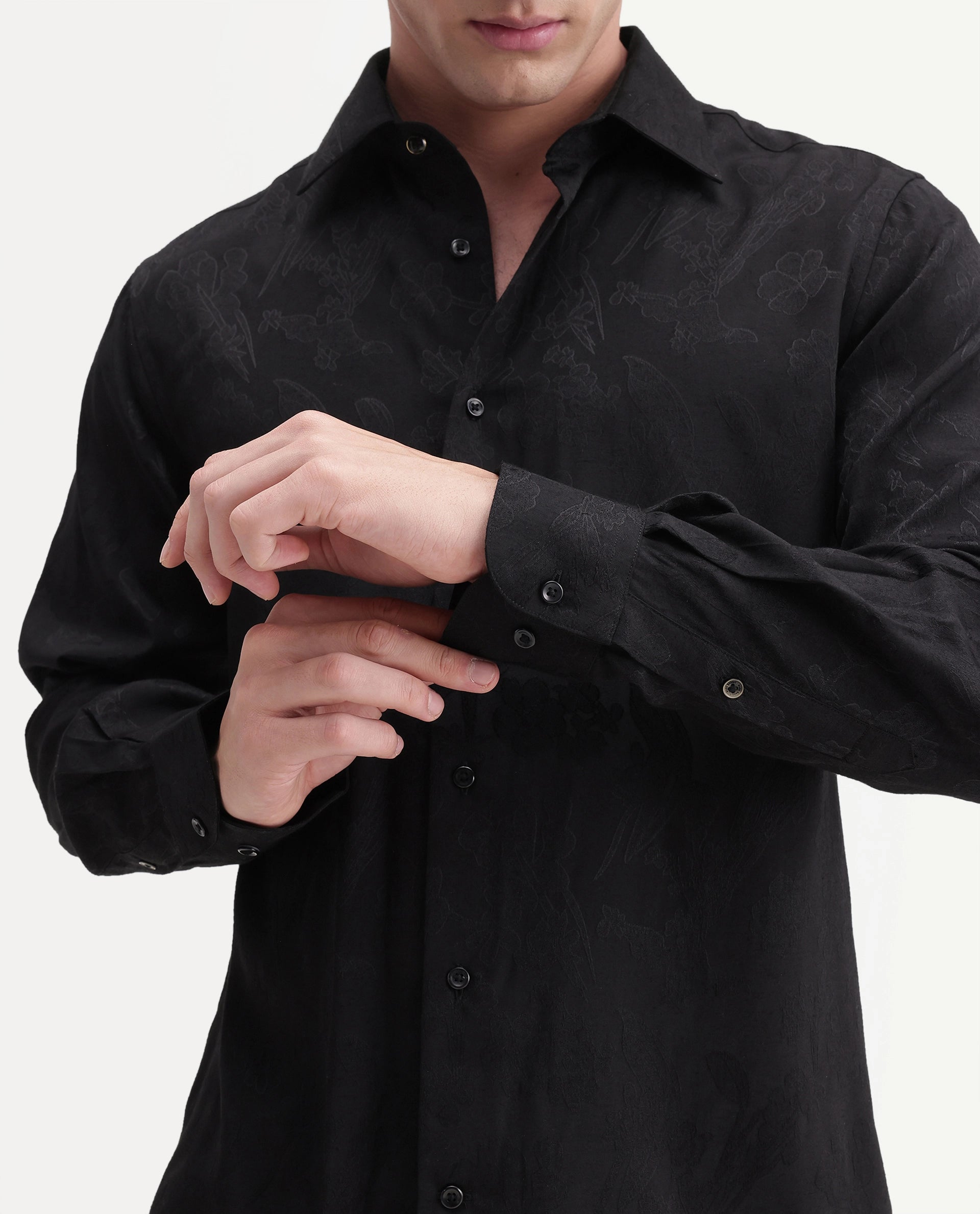 Rare Rabbit Men's Vel Black Polyester Blend Button Regular Fit Jacquard Shirt