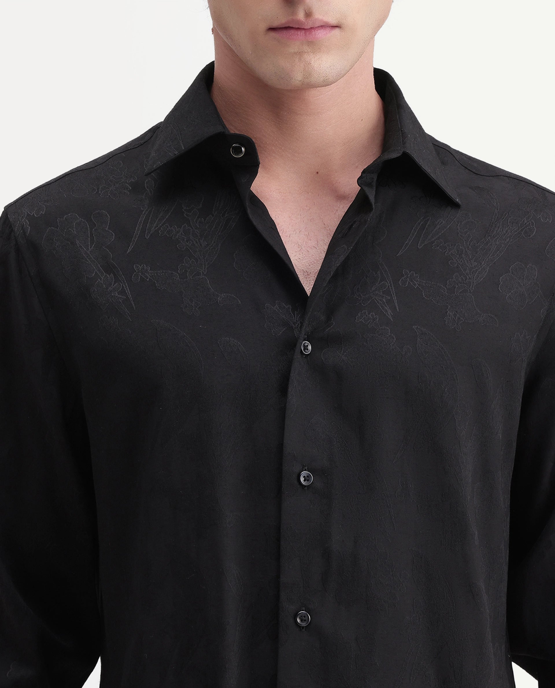 Rare Rabbit Men's Vel Black Polyester Blend Button Regular Fit Jacquard Shirt