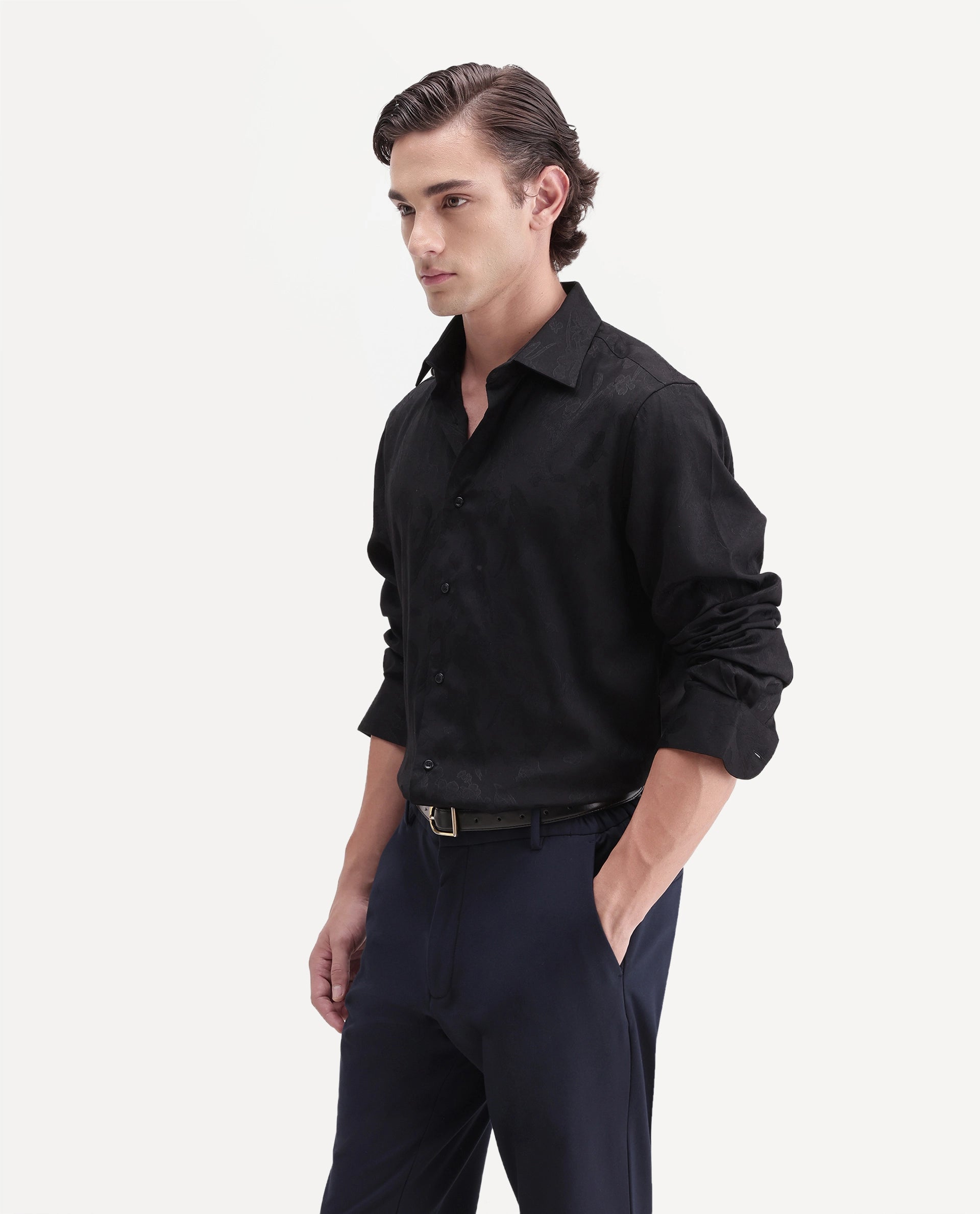 Rare Rabbit Men's Vel Black Polyester Blend Button Regular Fit Jacquard Shirt