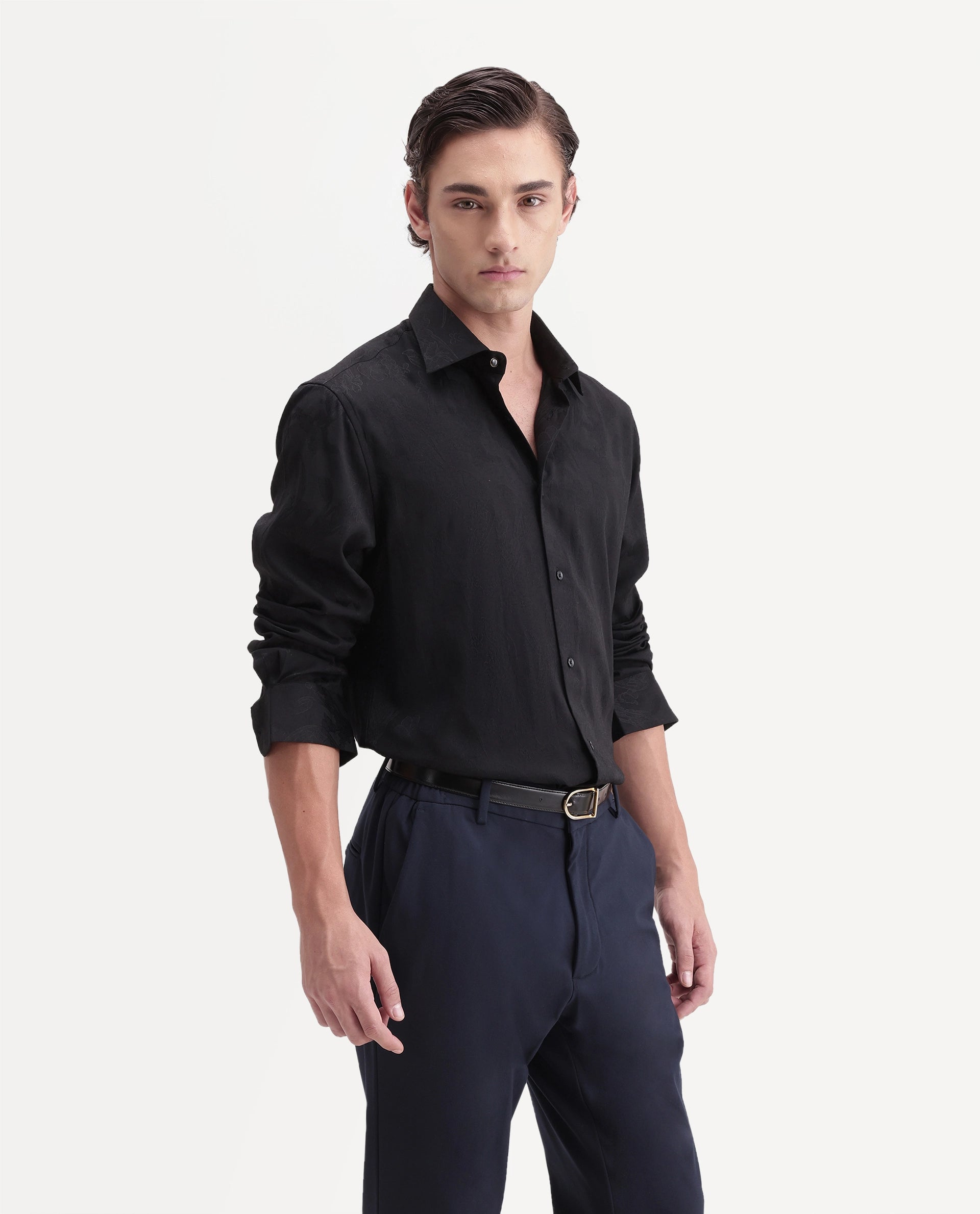 Rare Rabbit Men's Vel Black Polyester Blend Button Regular Fit Jacquard Shirt