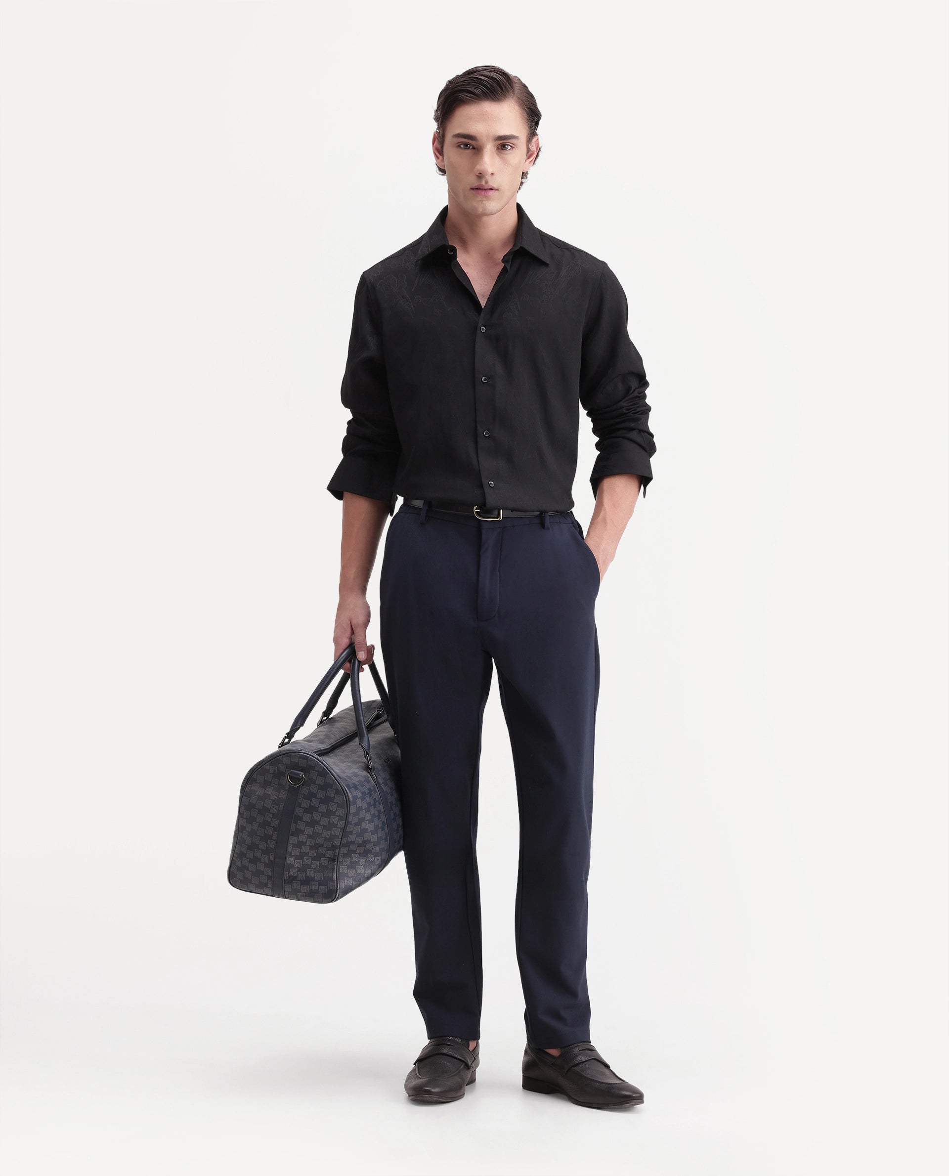 Rare Rabbit Men's Vel Black Polyester Blend Button Regular Fit Jacquard Shirt