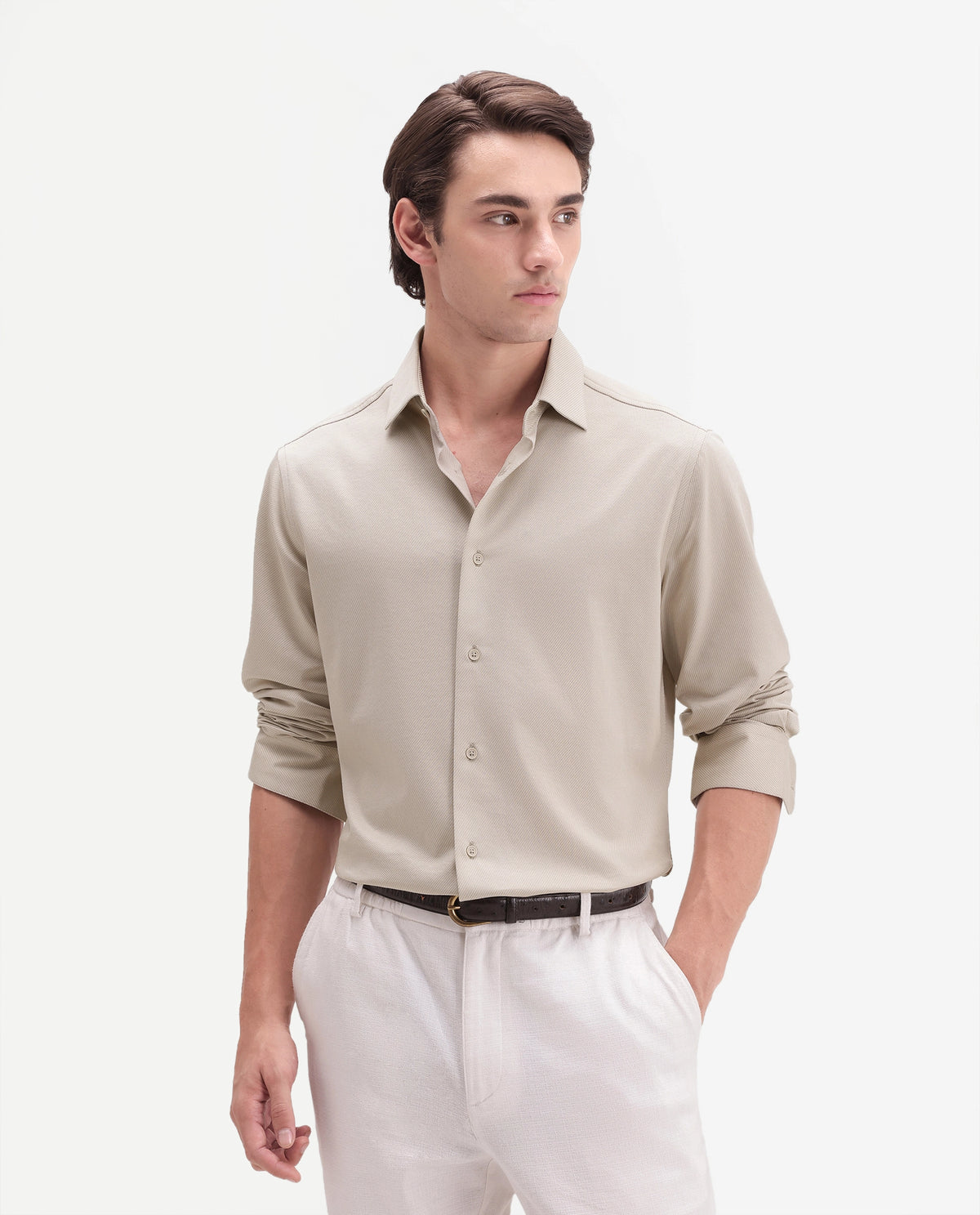 Rare Rabbit Men's Torq Beige Cotton Blend Button Regular Fit Plain Shirt