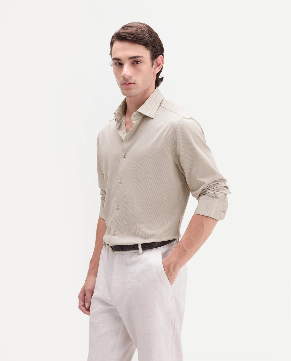Rare Rabbit Men's Torq Beige Cotton Blend Button Regular Fit Plain Shirt