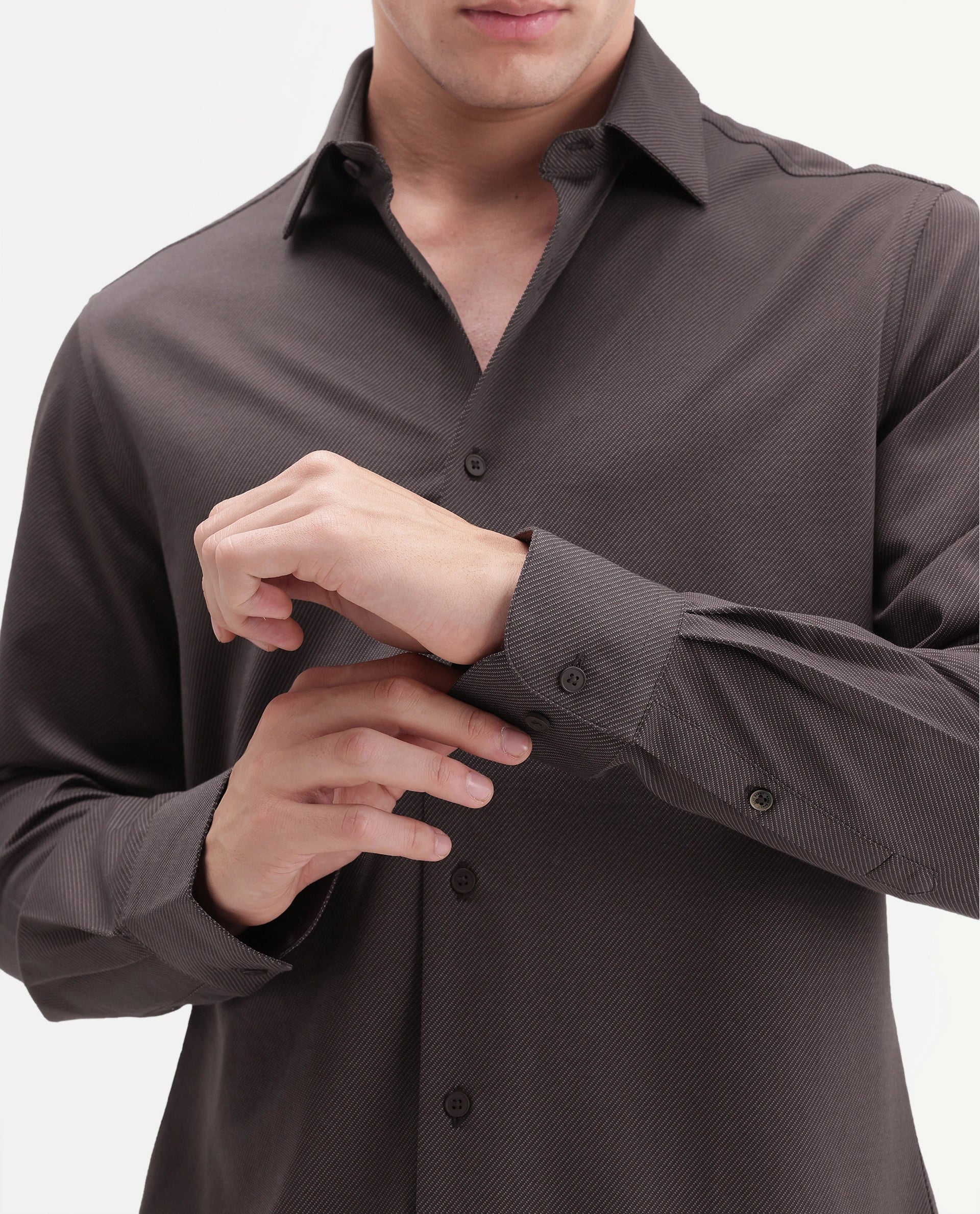 Rare Rabbit Men's Torq Brown Cotton Blend Button Regular Fit Plain Shirt