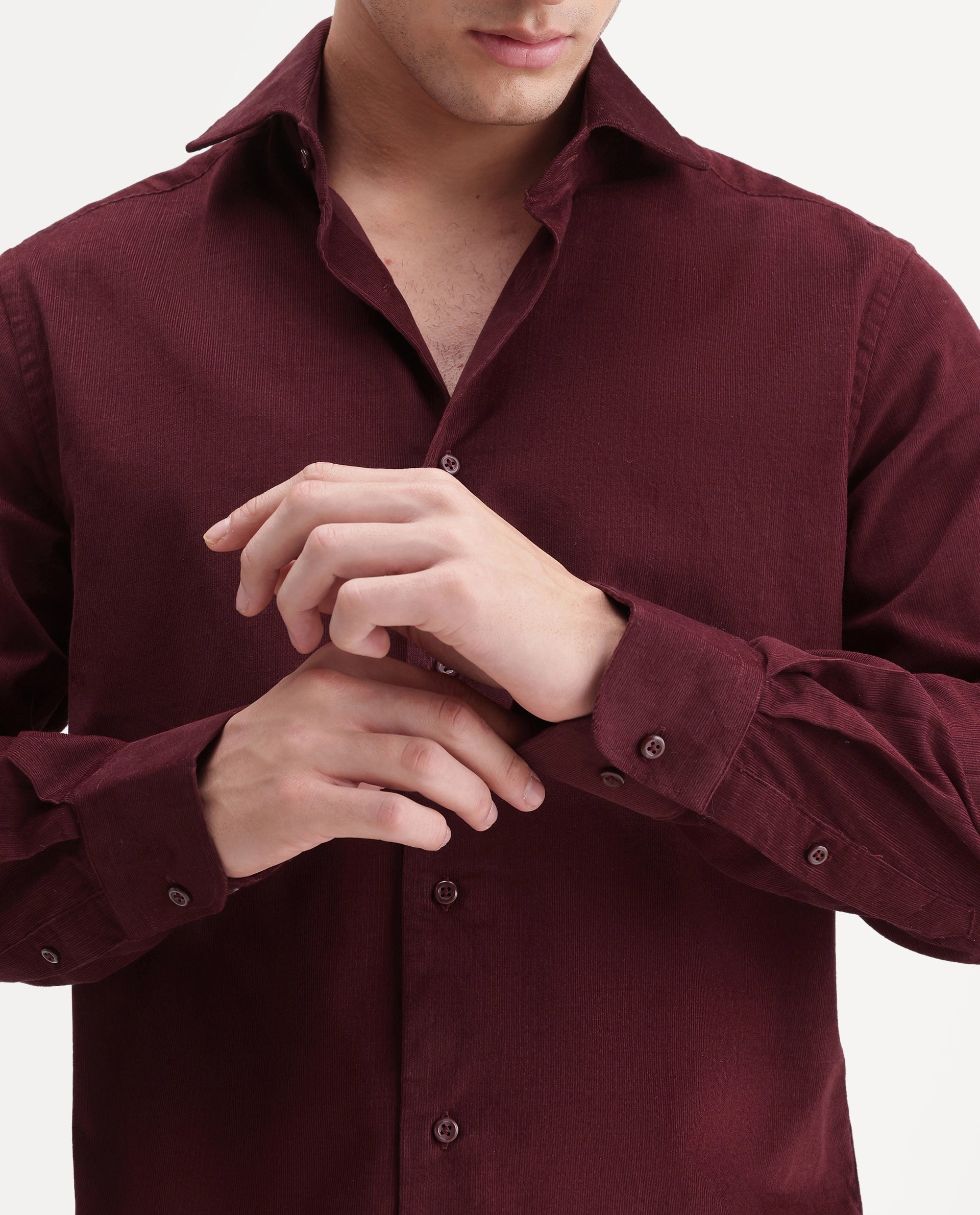 Rare Rabbit Men's Sey Dark Red Cotton Button Regular Fit Plain Shirt
