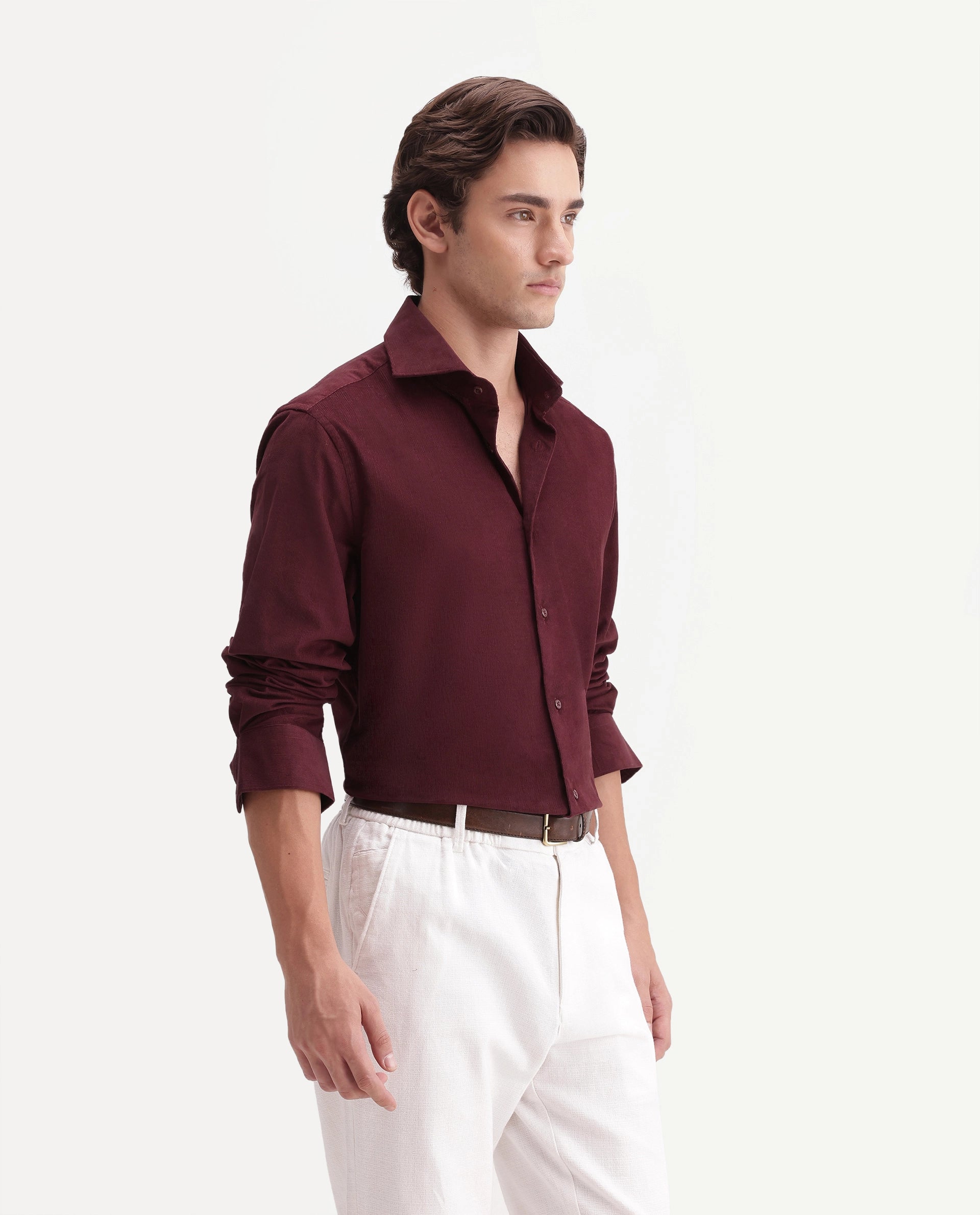 Rare Rabbit Men's Sey Dark Red Cotton Button Regular Fit Plain Shirt