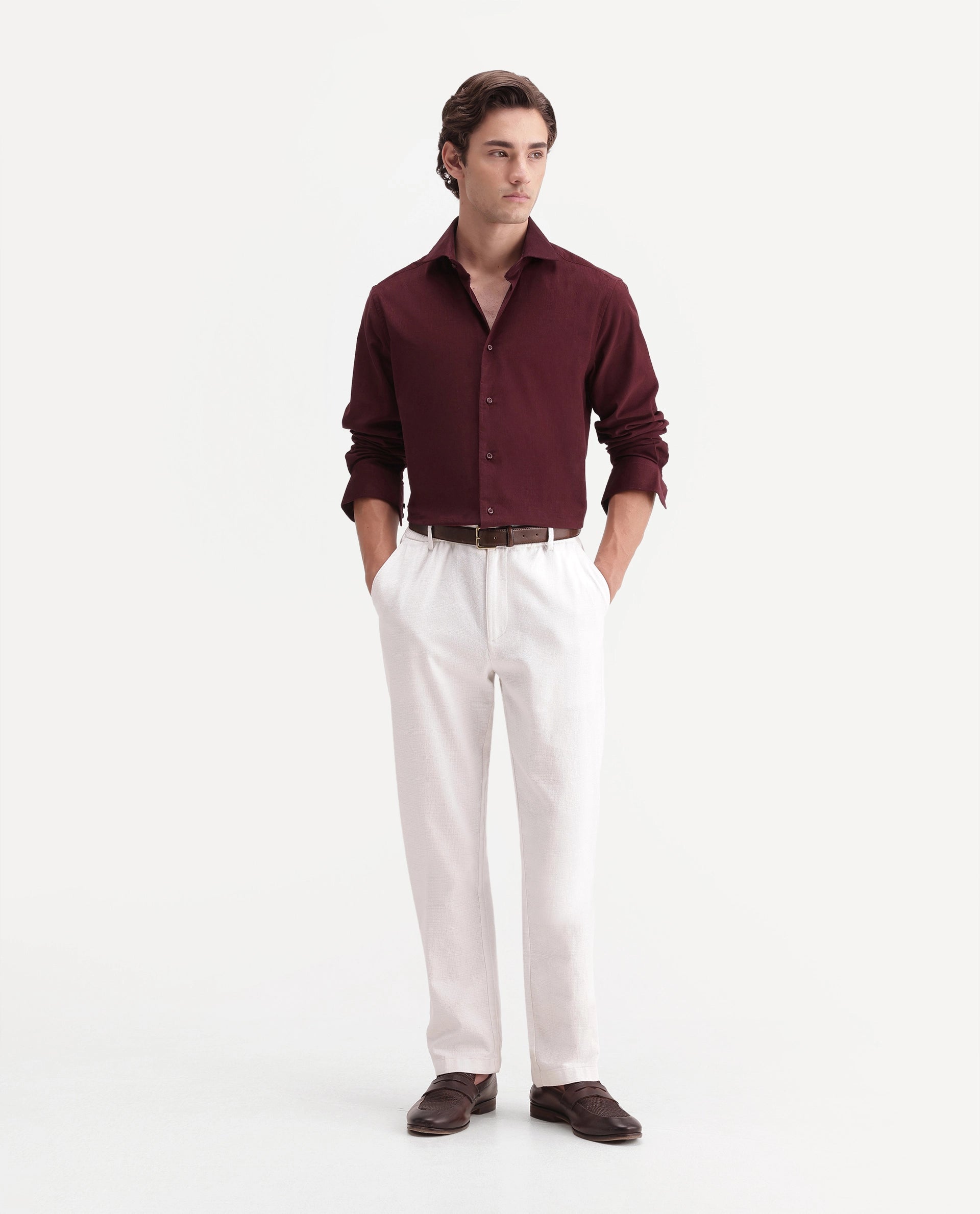 Rare Rabbit Men's Sey Dark Red Cotton Button Regular Fit Plain Shirt