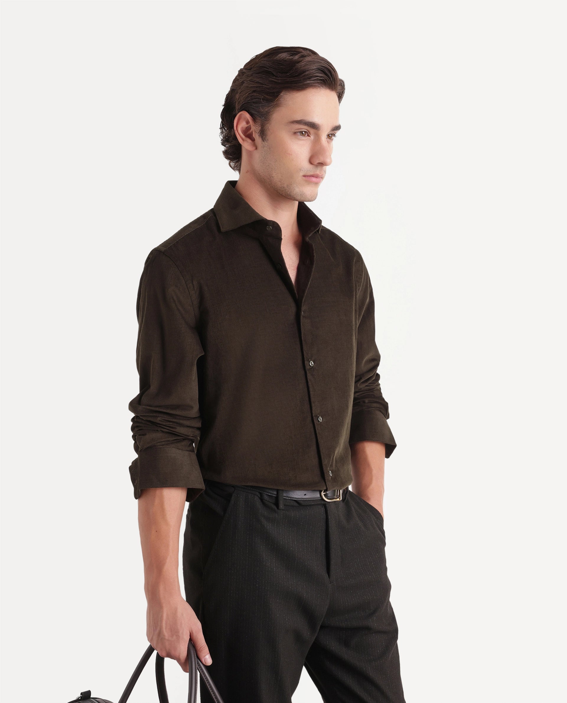 Rare Rabbit Men's Sey Dark Olive Cotton Button Regular Fit Plain Shirt