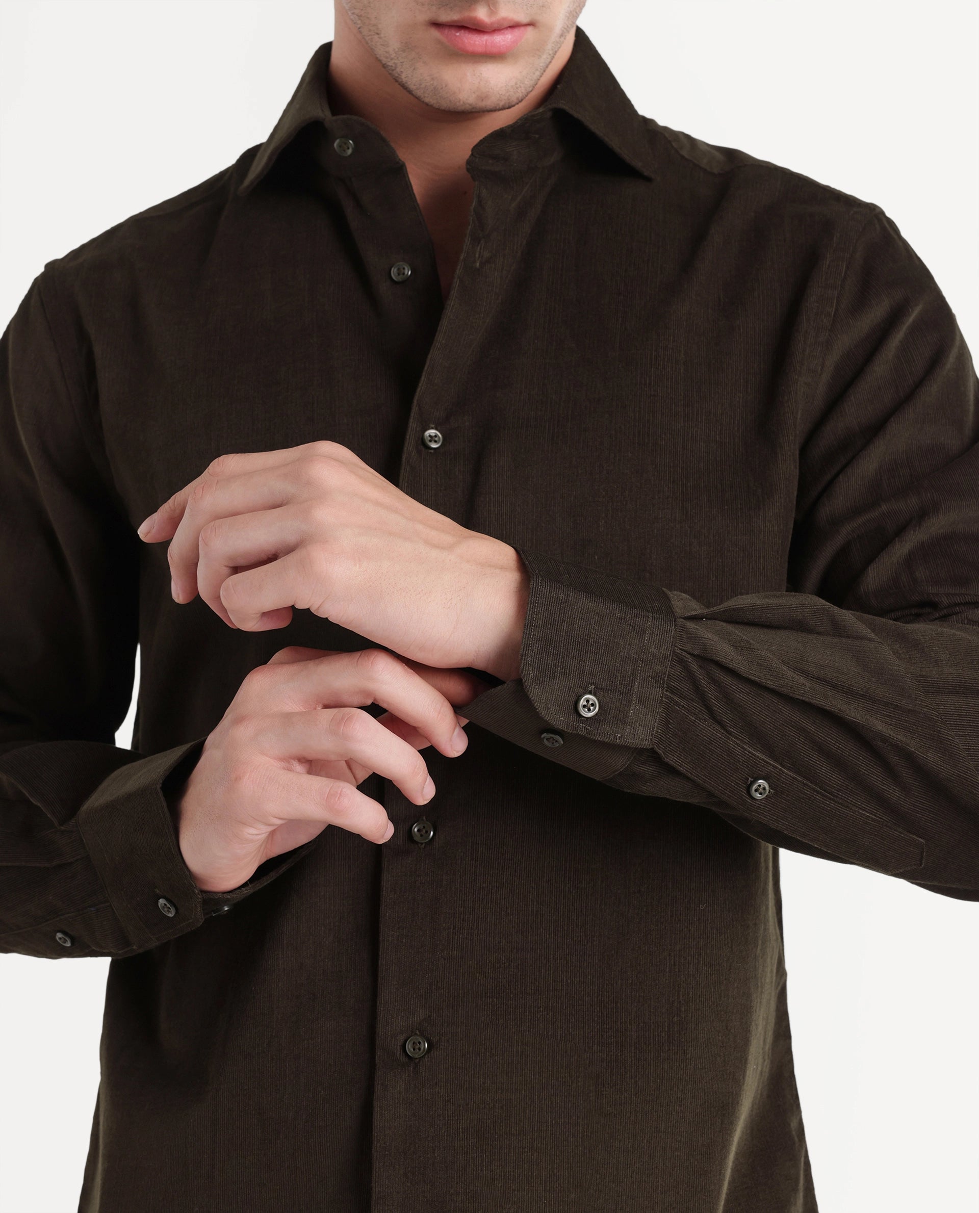 Rare Rabbit Men's Sey Dark Olive Cotton Button Regular Fit Plain Shirt