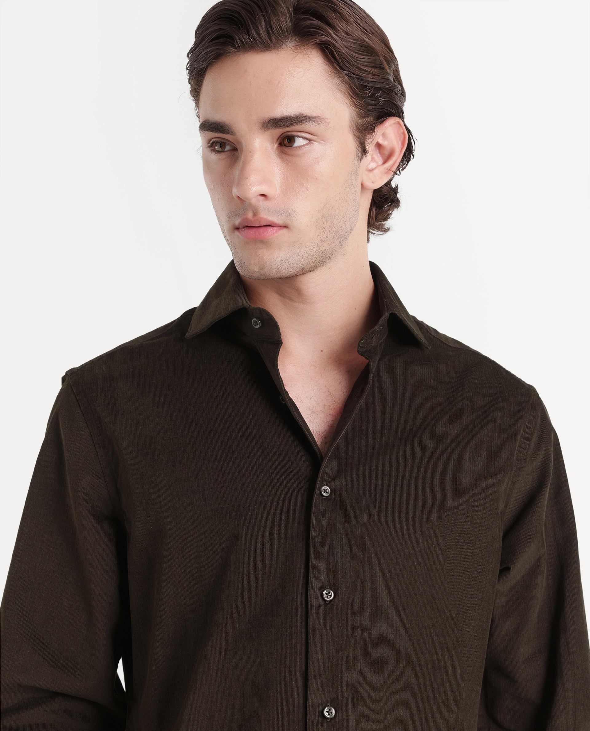 Rare Rabbit Men's Sey Dark Olive Cotton Button Regular Fit Plain Shirt