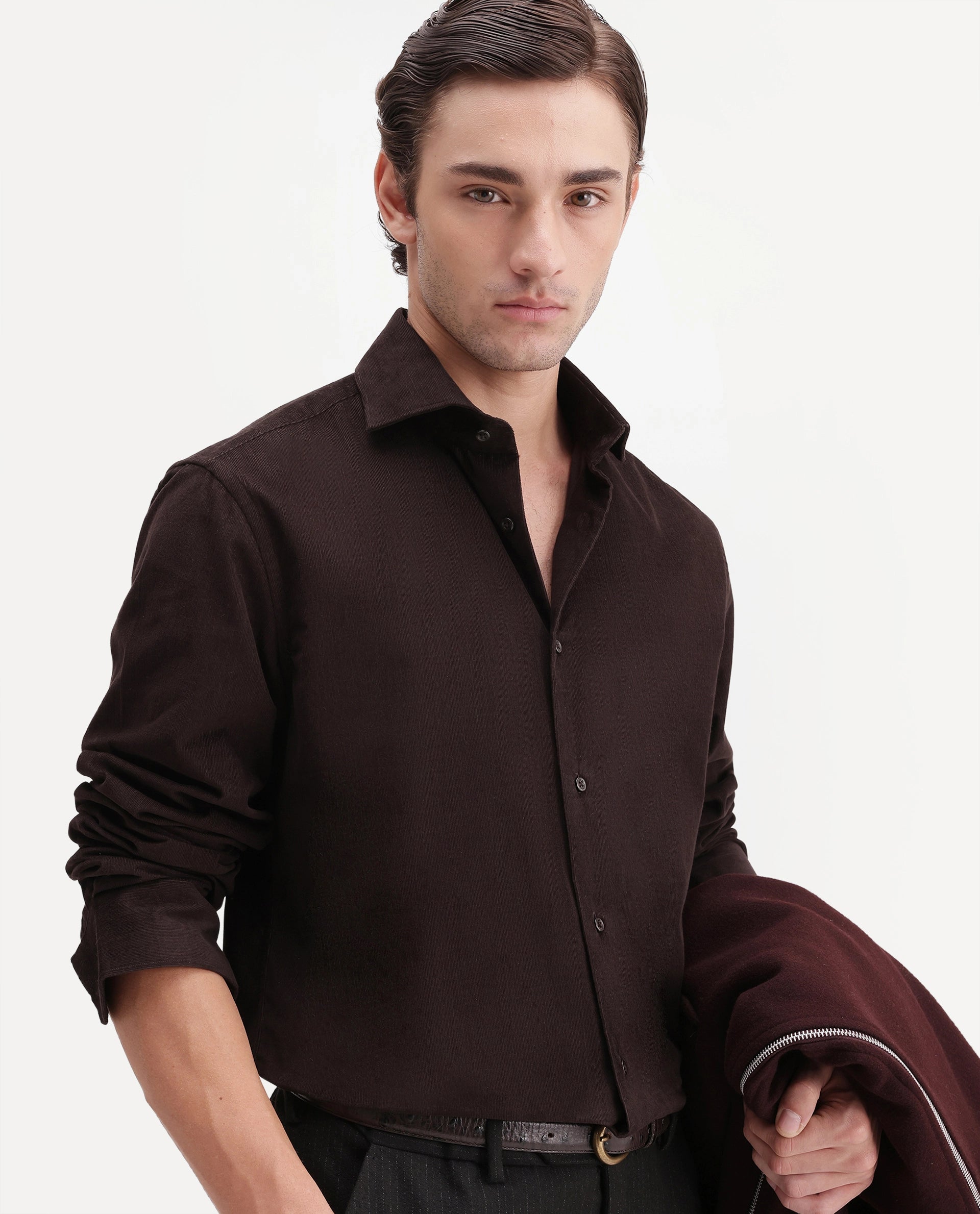 Rare Rabbit Men's Sey Dark Brown Cotton Button Regular Fit Plain Shirt