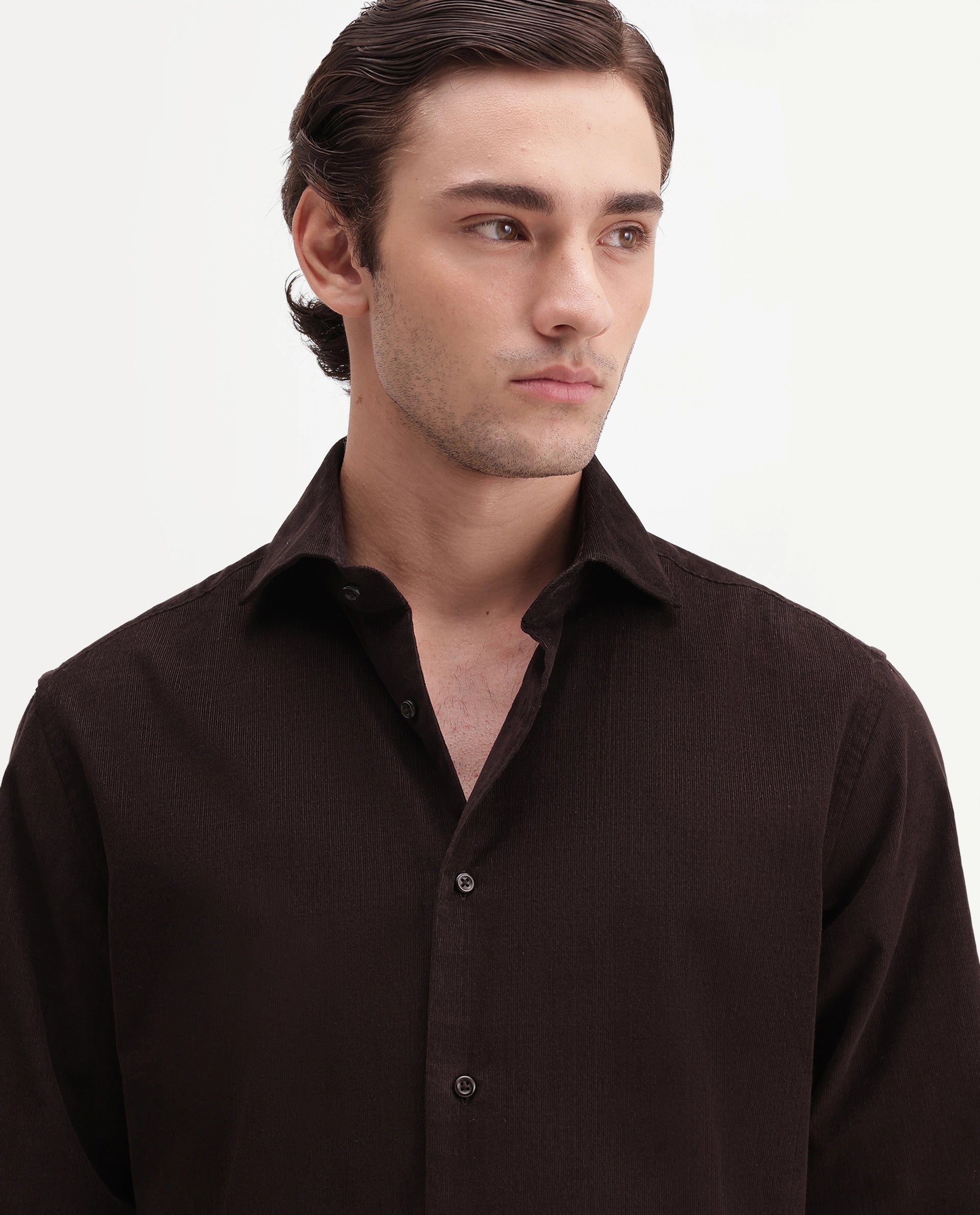 Rare Rabbit Men's Sey Dark Brown Cotton Button Regular Fit Plain Shirt