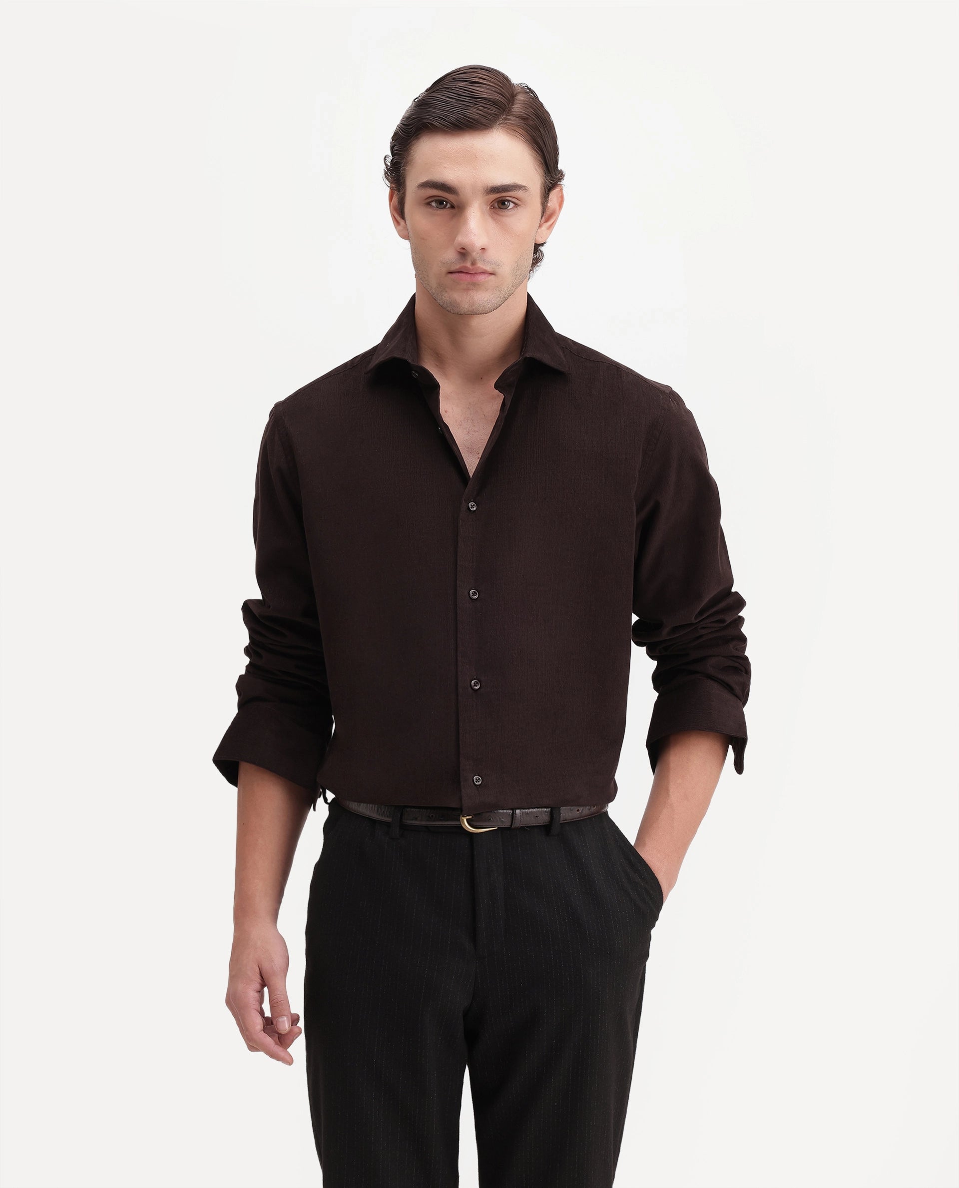 Rare Rabbit Men's Sey Dark Brown Cotton Button Regular Fit Plain Shirt