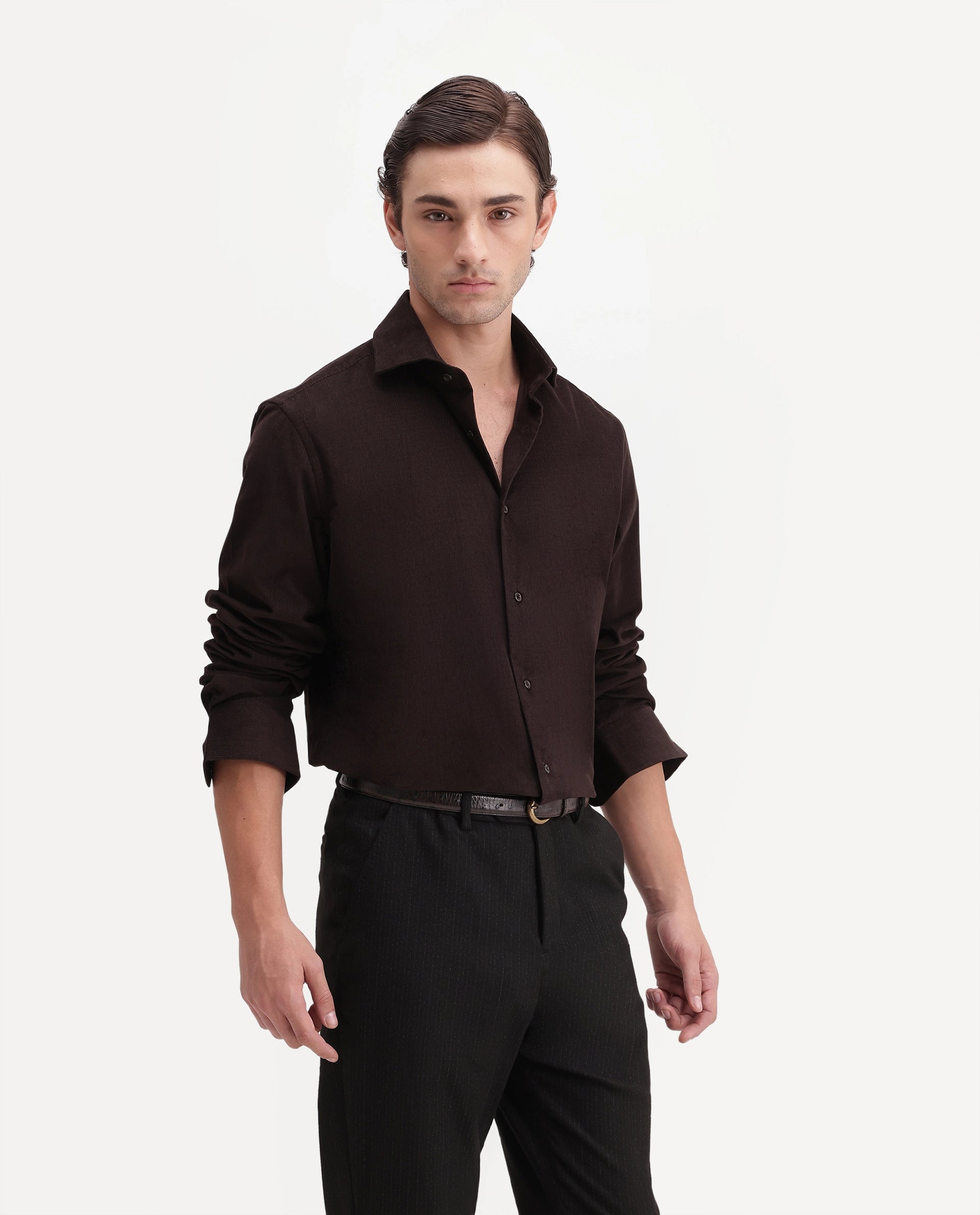 Rare Rabbit Men's Sey Dark Brown Cotton Button Regular Fit Plain Shirt