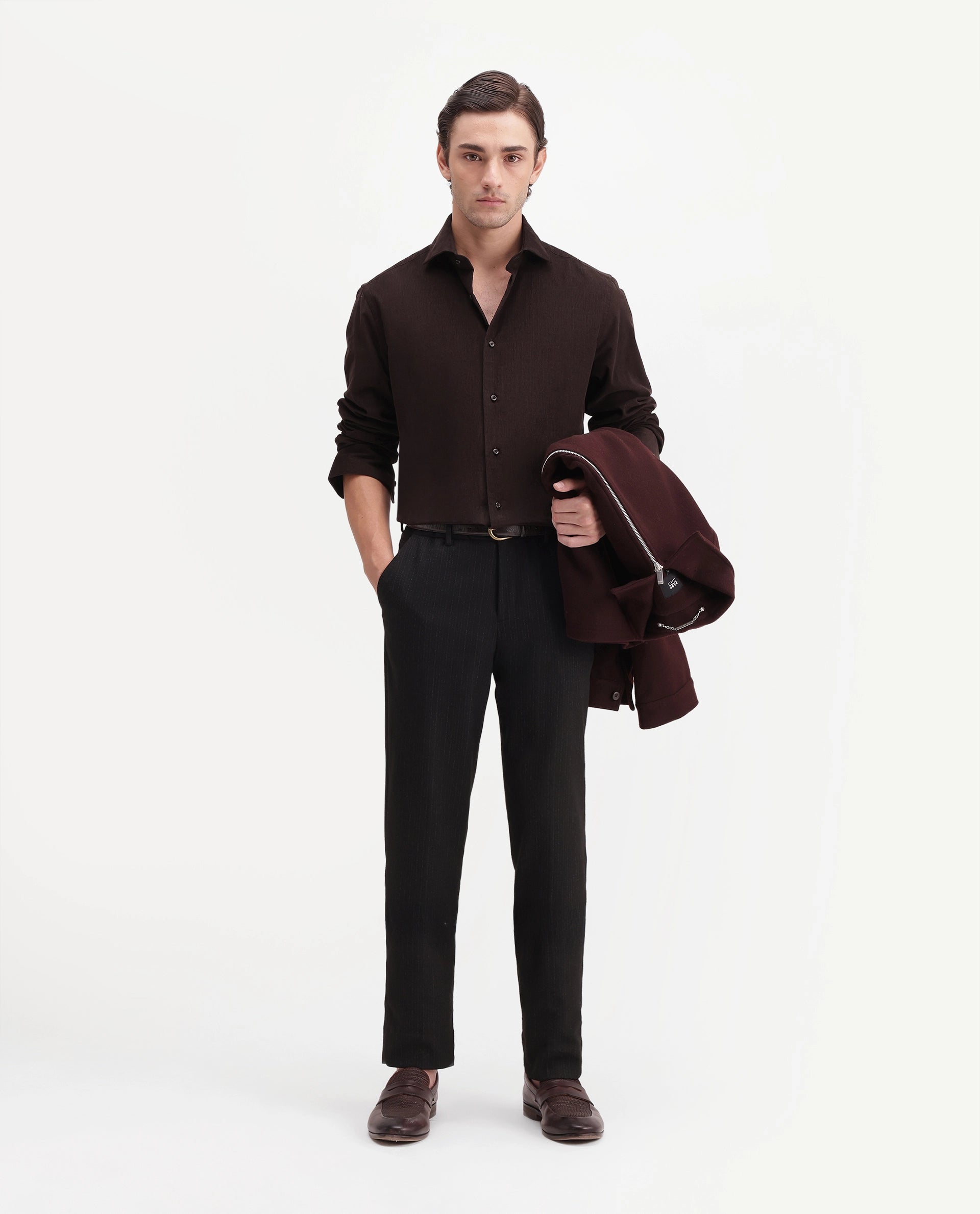 Rare Rabbit Men's Sey Dark Brown Cotton Button Regular Fit Plain Shirt