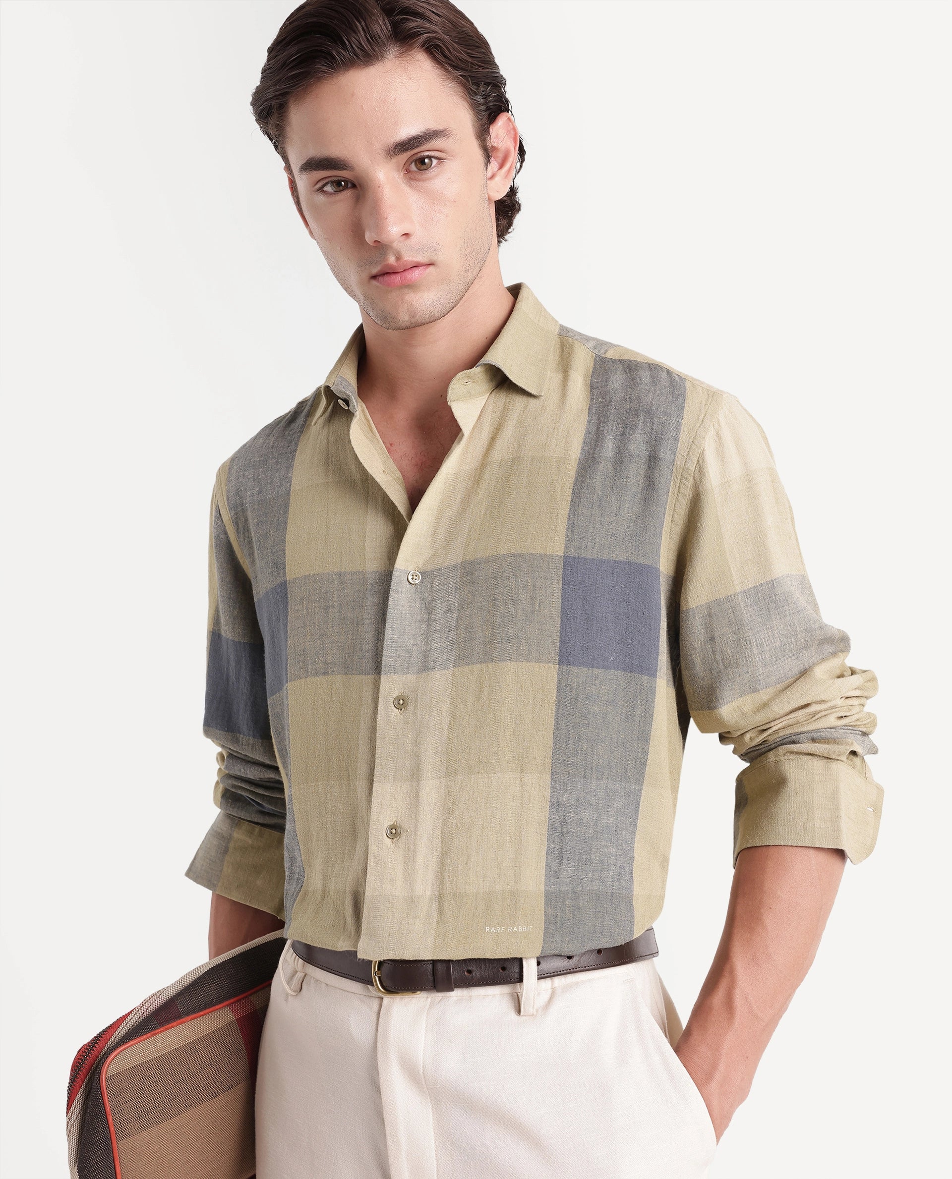Rare Rabbit Men's Calum-A26 Light Green Linen Blend Button Regular Fit Checked Shirt