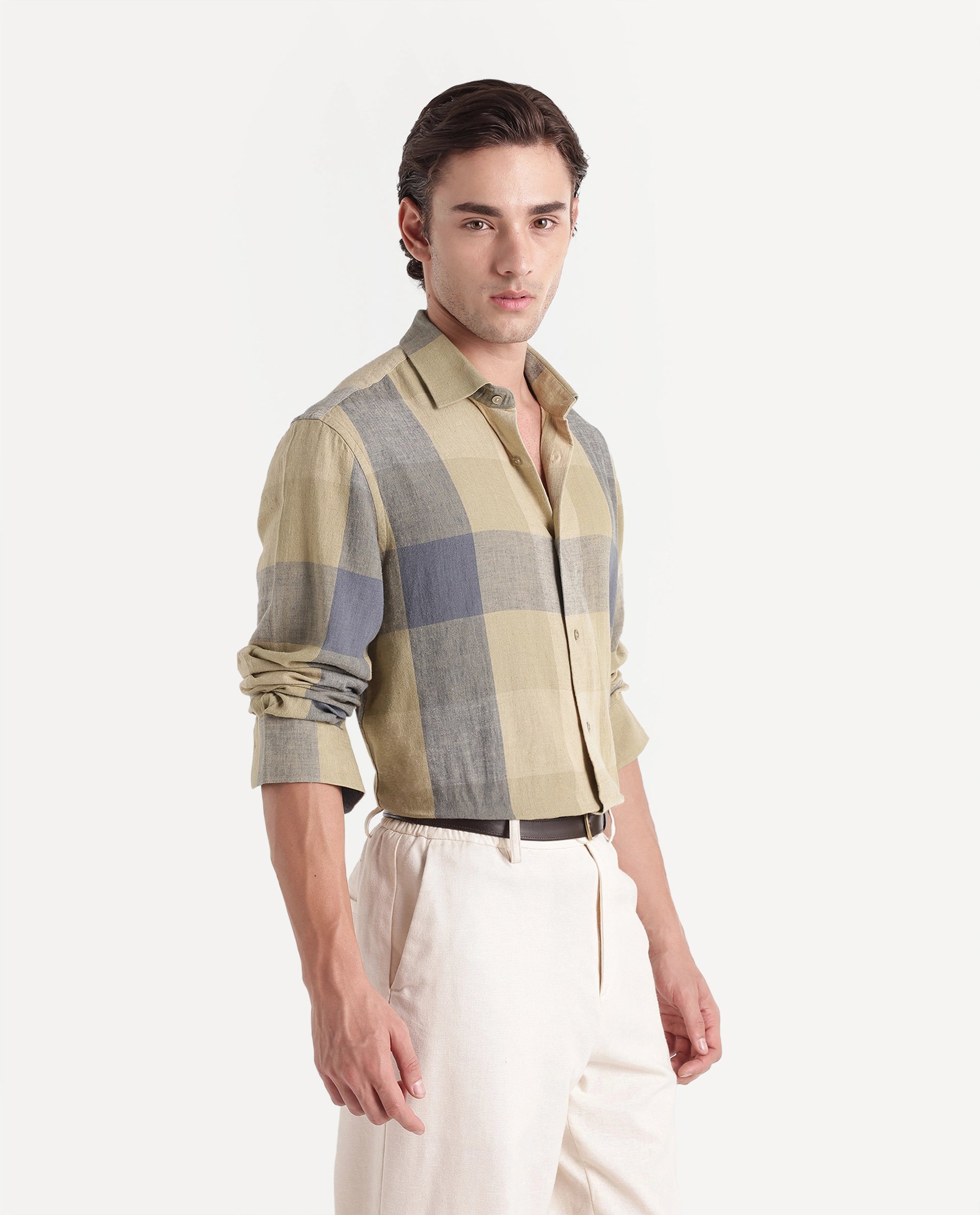 Rare Rabbit Men's Calum-A26 Light Green Linen Blend Button Regular Fit Checked Shirt