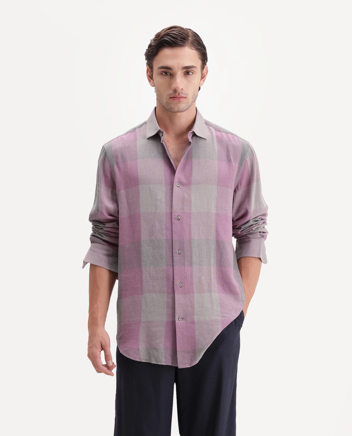 Rare Rabbit Men's Calum-A26 Pink Linen Blend Button Regular Fit Checked Shirt