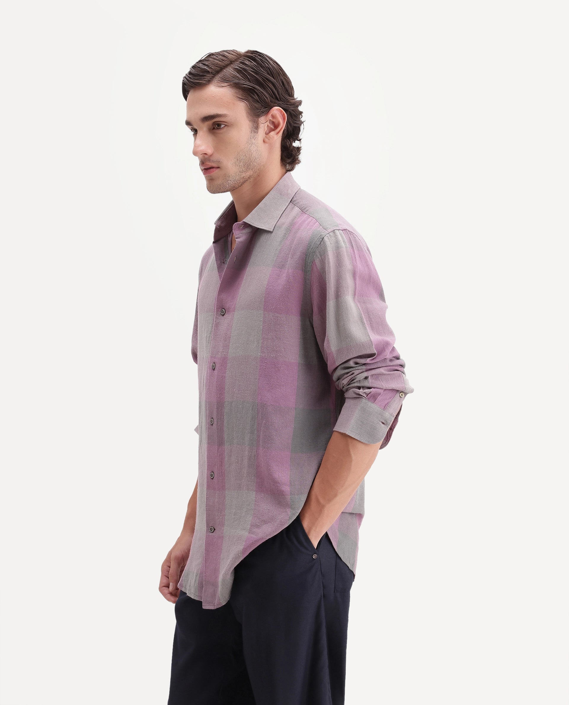 Rare Rabbit Men's Calum-A26 Pink Linen Blend Button Regular Fit Checked Shirt