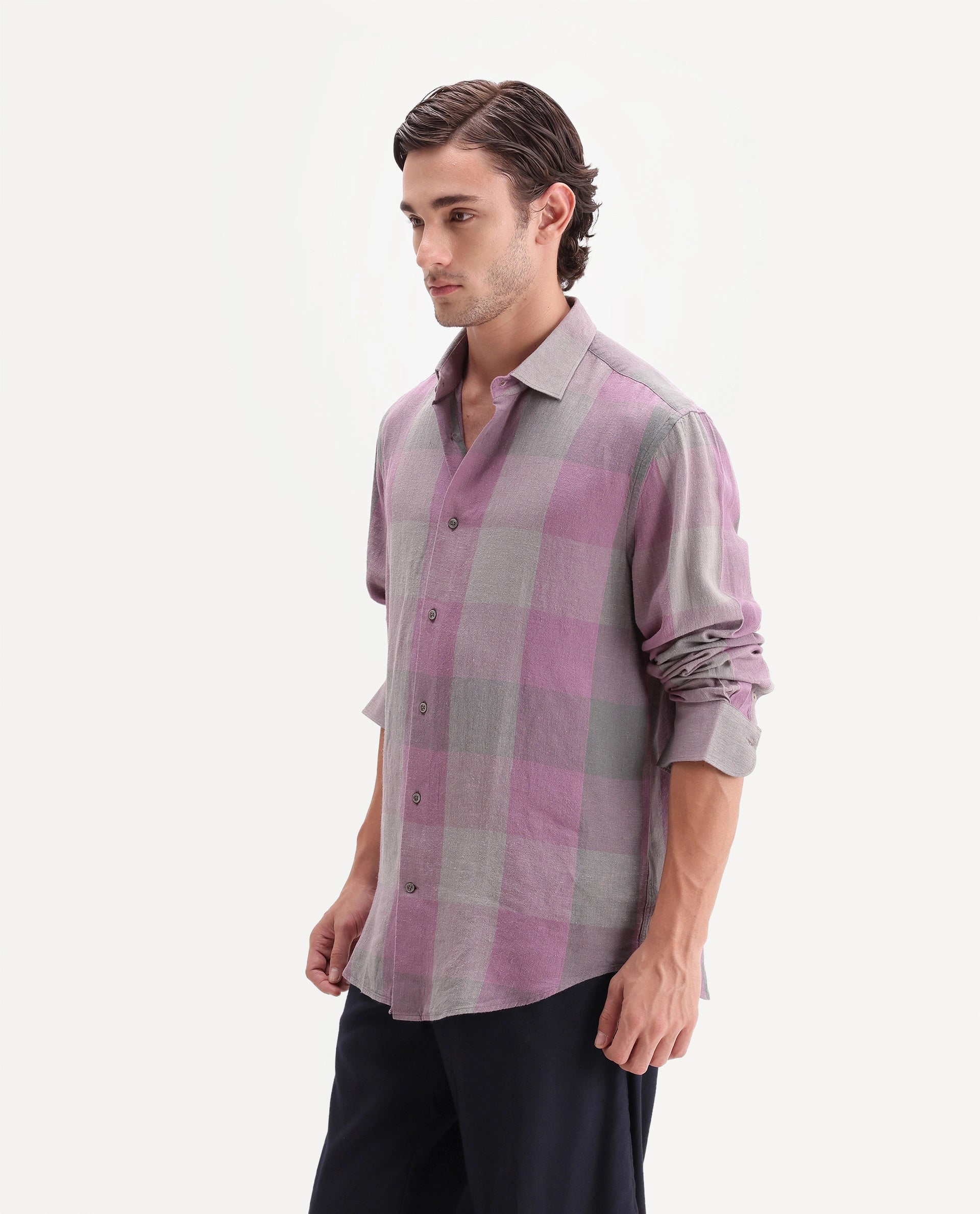 Rare Rabbit Men's Calum-A26 Pink Linen Blend Button Regular Fit Checked Shirt