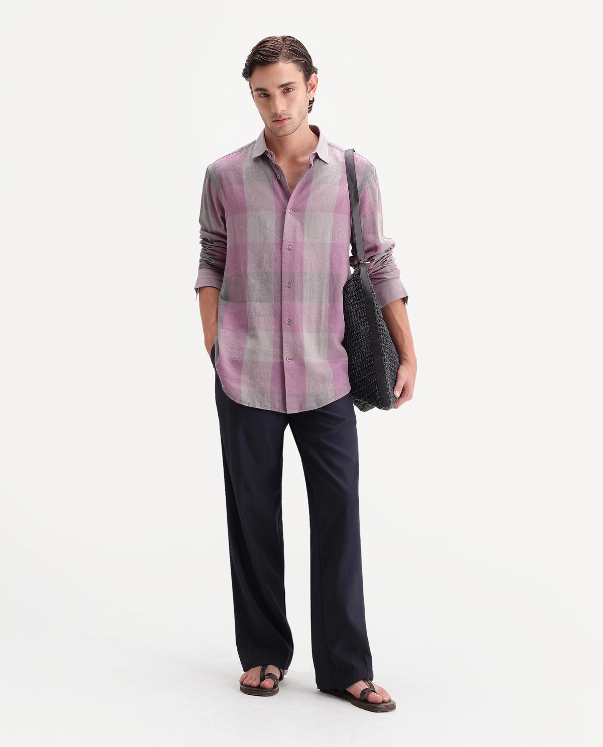 Rare Rabbit Men's Calum-A26 Pink Linen Blend Button Regular Fit Checked Shirt