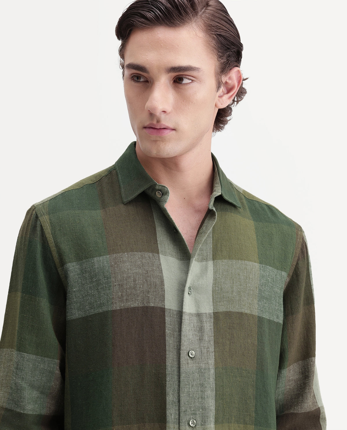 Rare Rabbit Men's Calum-A26 Green Linen Blend Button Regular Fit Checked Shirt