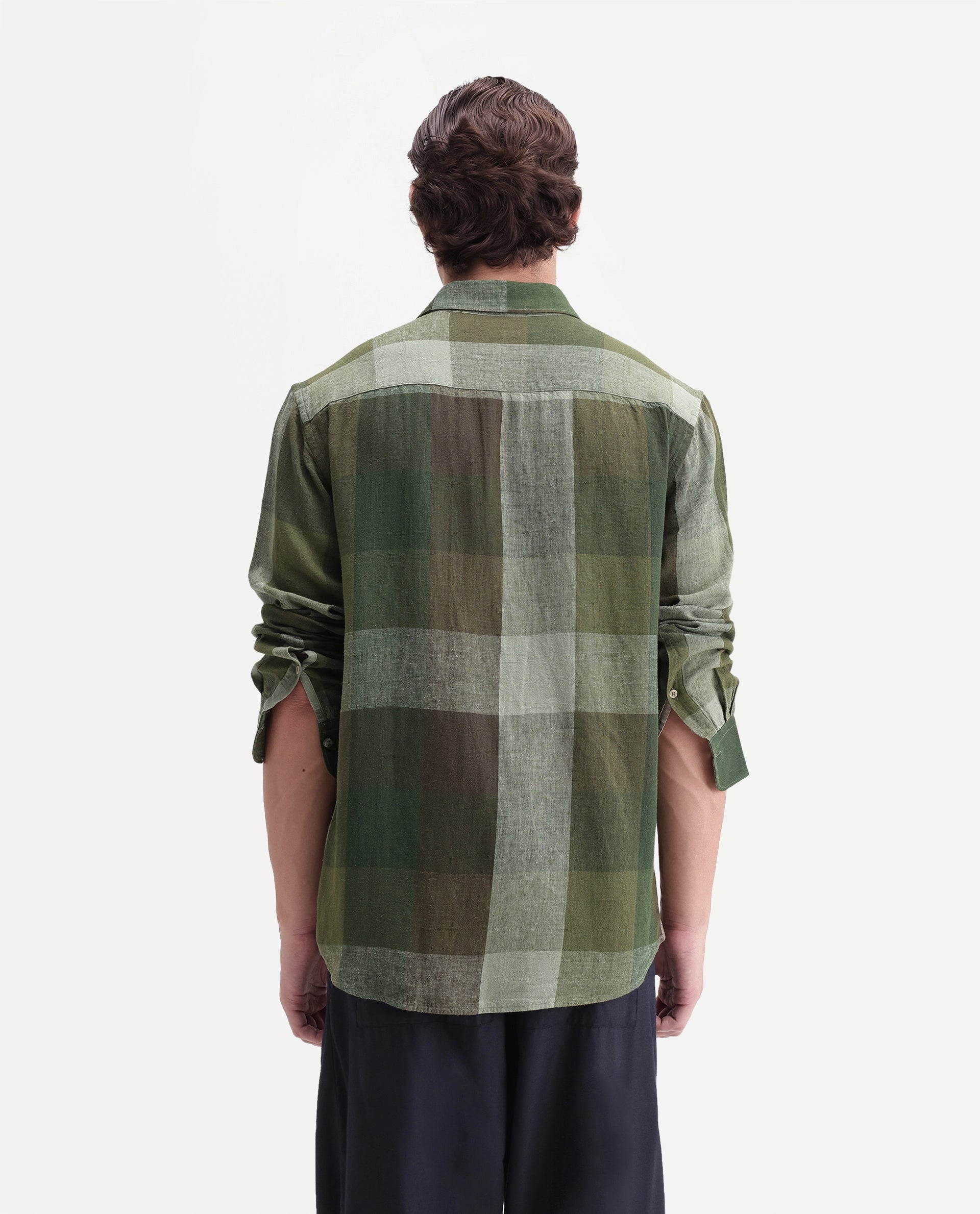 Rare Rabbit Men's Calum-A26 Green Linen Blend Button Regular Fit Checked Shirt