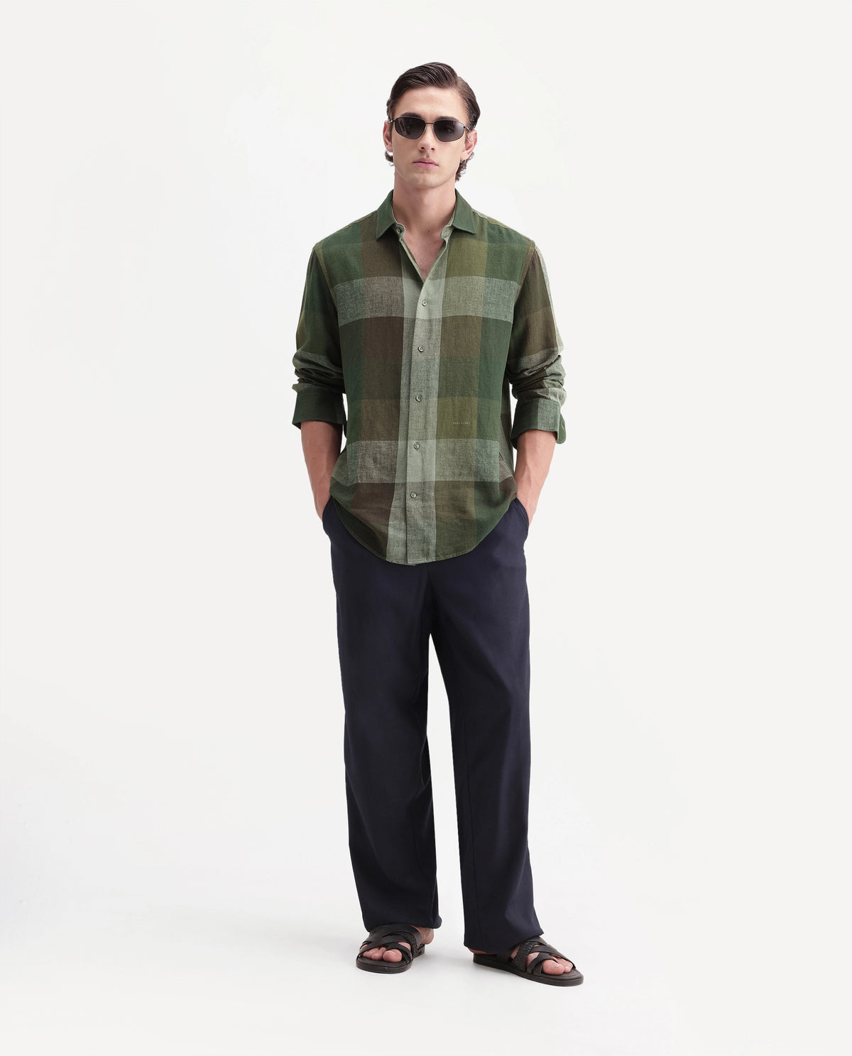 Rare Rabbit Men's Calum-A26 Green Linen Blend Button Regular Fit Checked Shirt