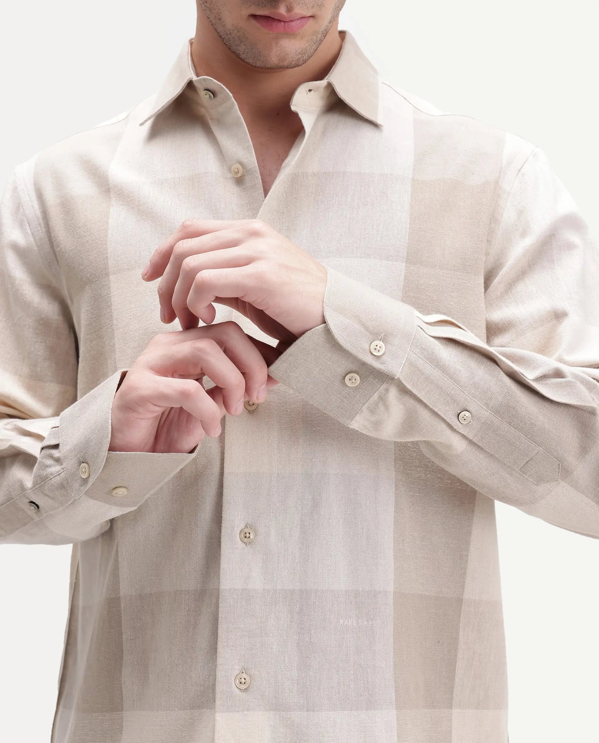 Rare Rabbit Men's Calum-A26 Beige Linen Blend Button Regular Fit Checked Shirt
