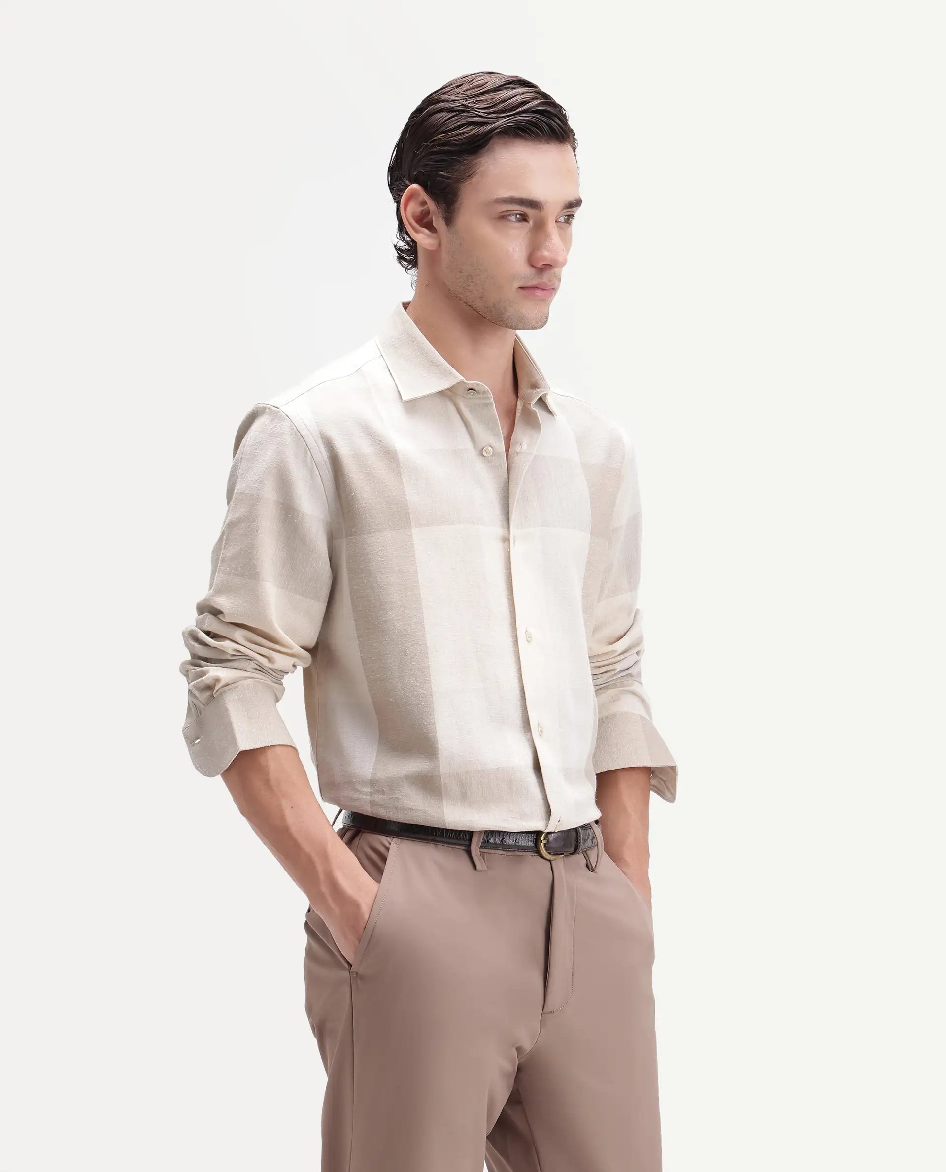 Rare Rabbit Men's Calum-A26 Beige Linen Blend Button Regular Fit Checked Shirt