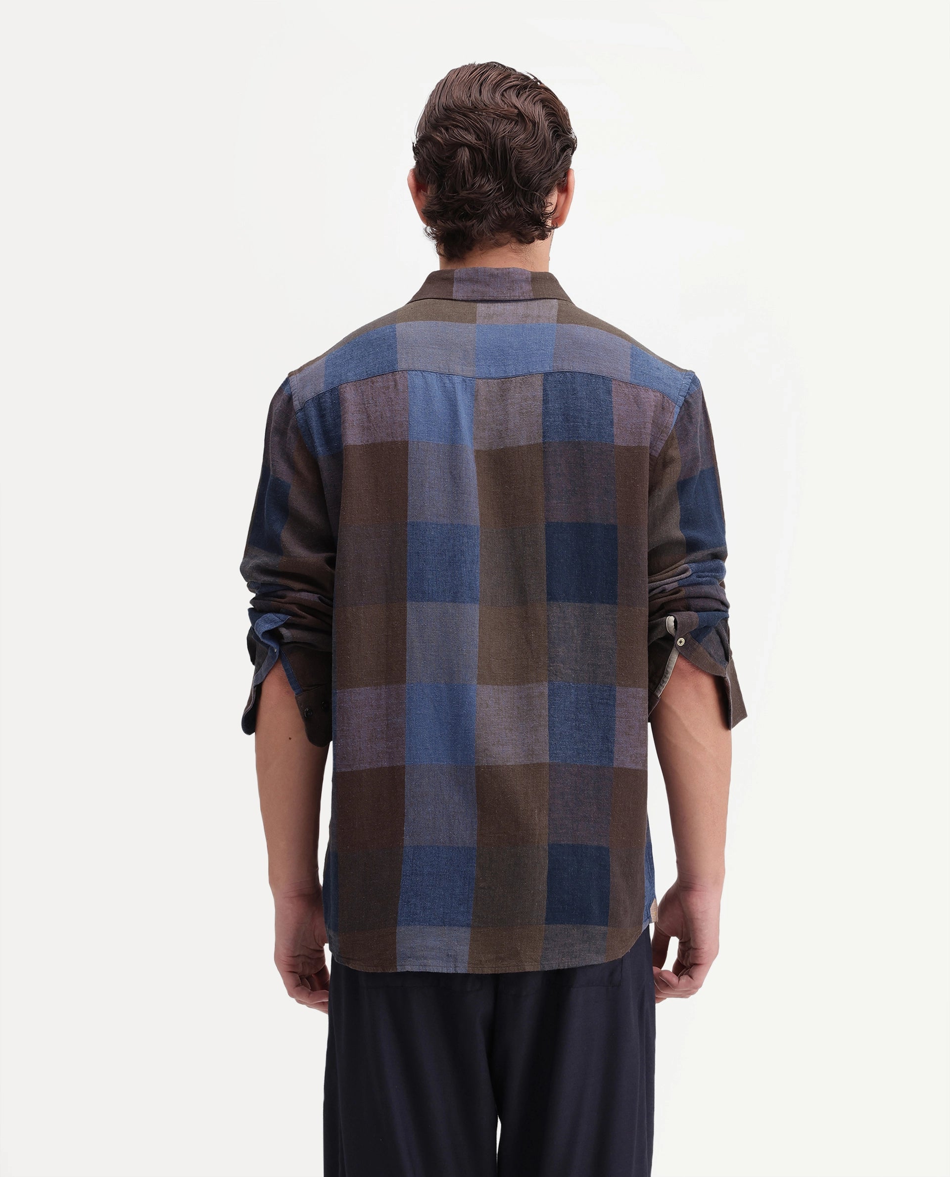 Rare Rabbit Men's Calum-A26 Brown Linen Blend Button Regular Fit Checked Shirt