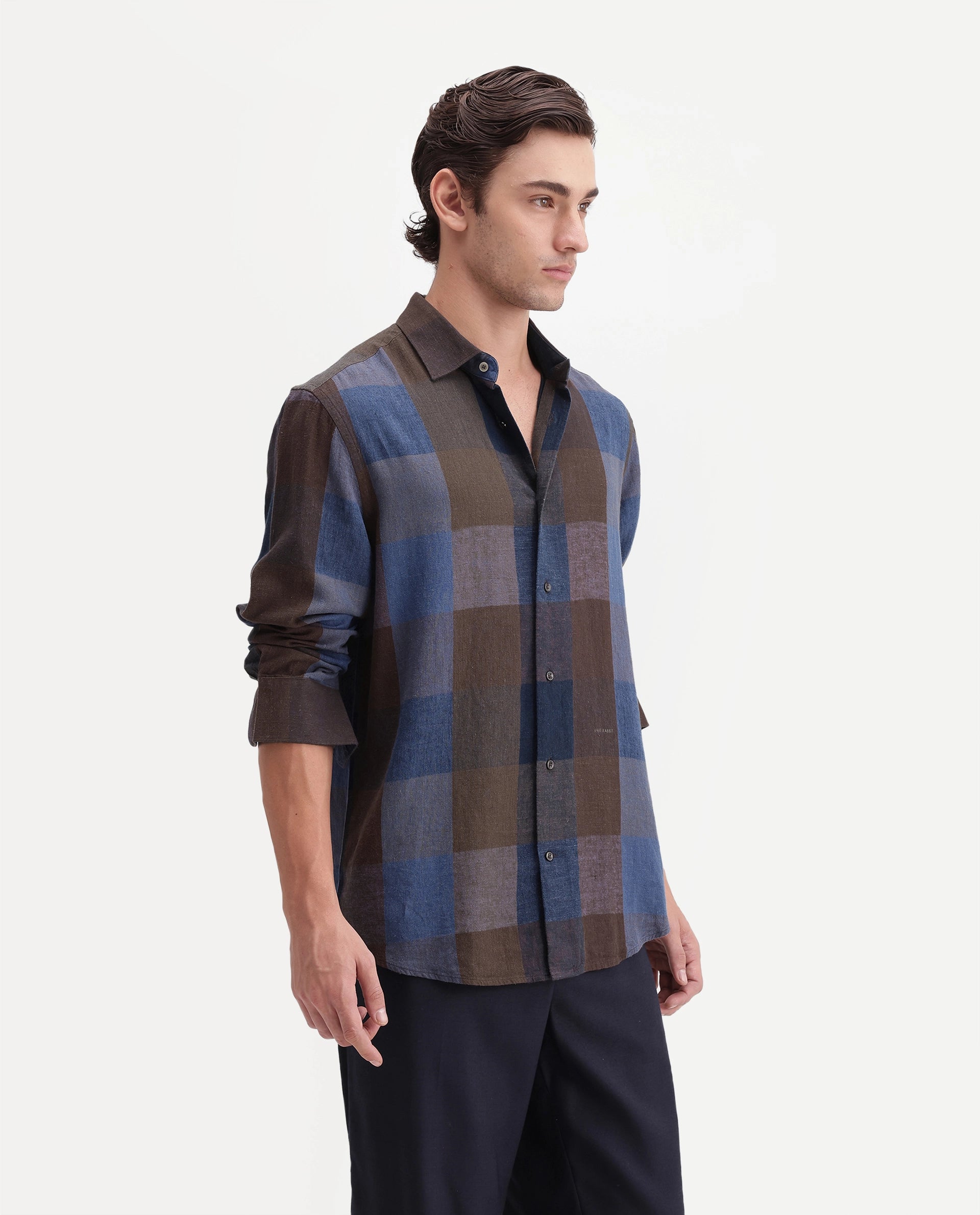 Rare Rabbit Men's Calum-A26 Brown Linen Blend Button Regular Fit Checked Shirt