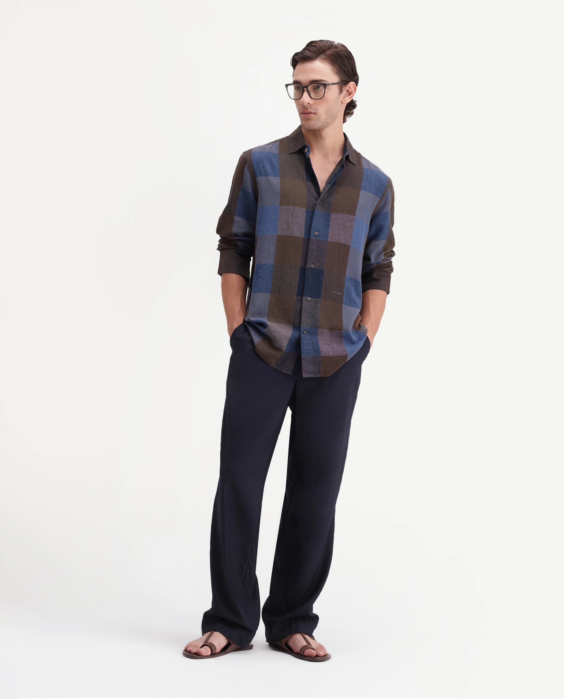 Rare Rabbit Men's Calum-A26 Brown Linen Blend Button Regular Fit Checked Shirt