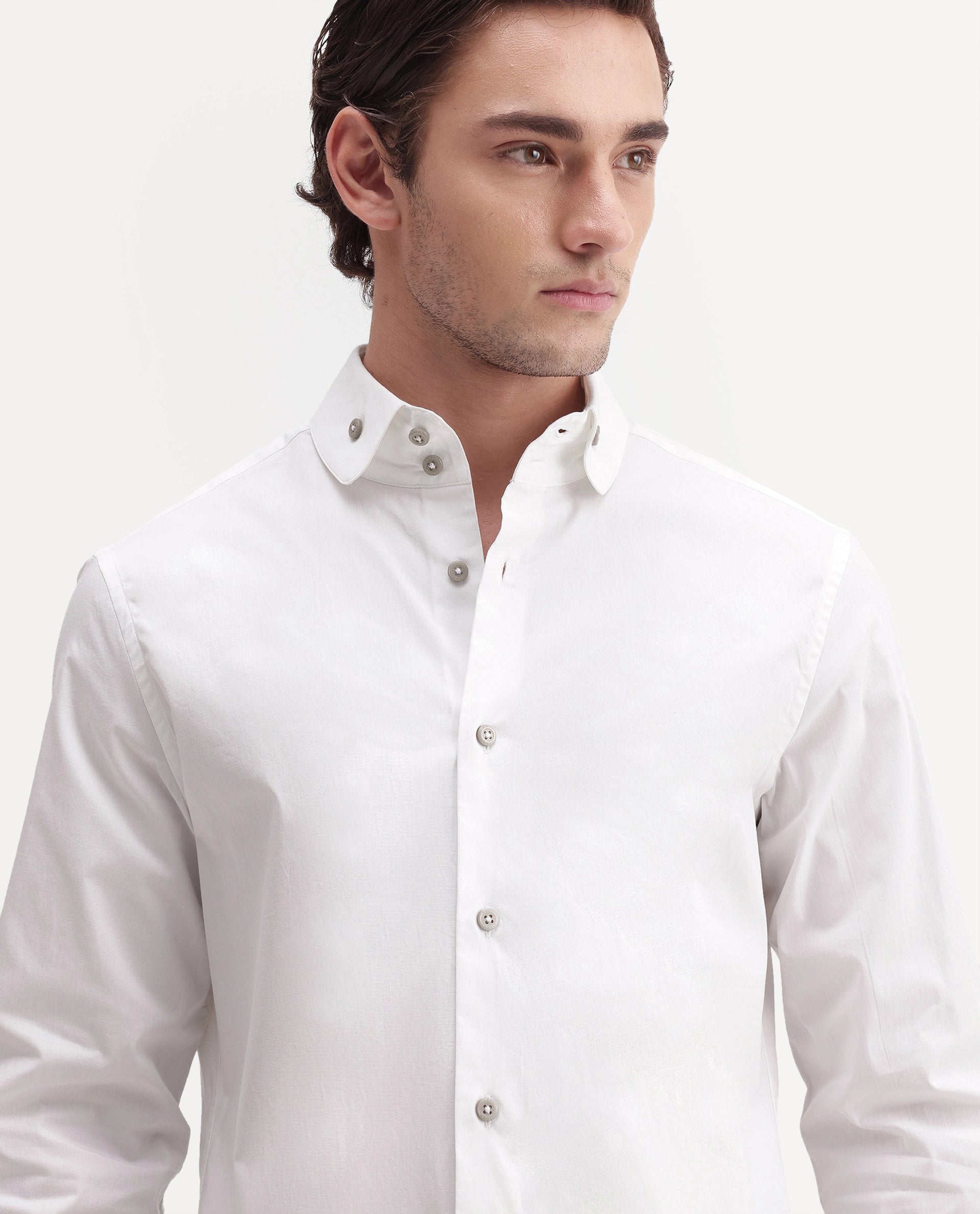 Rare Rabbit Men's Abit White Cotton Blend Button Regular Fit Plain Shirt