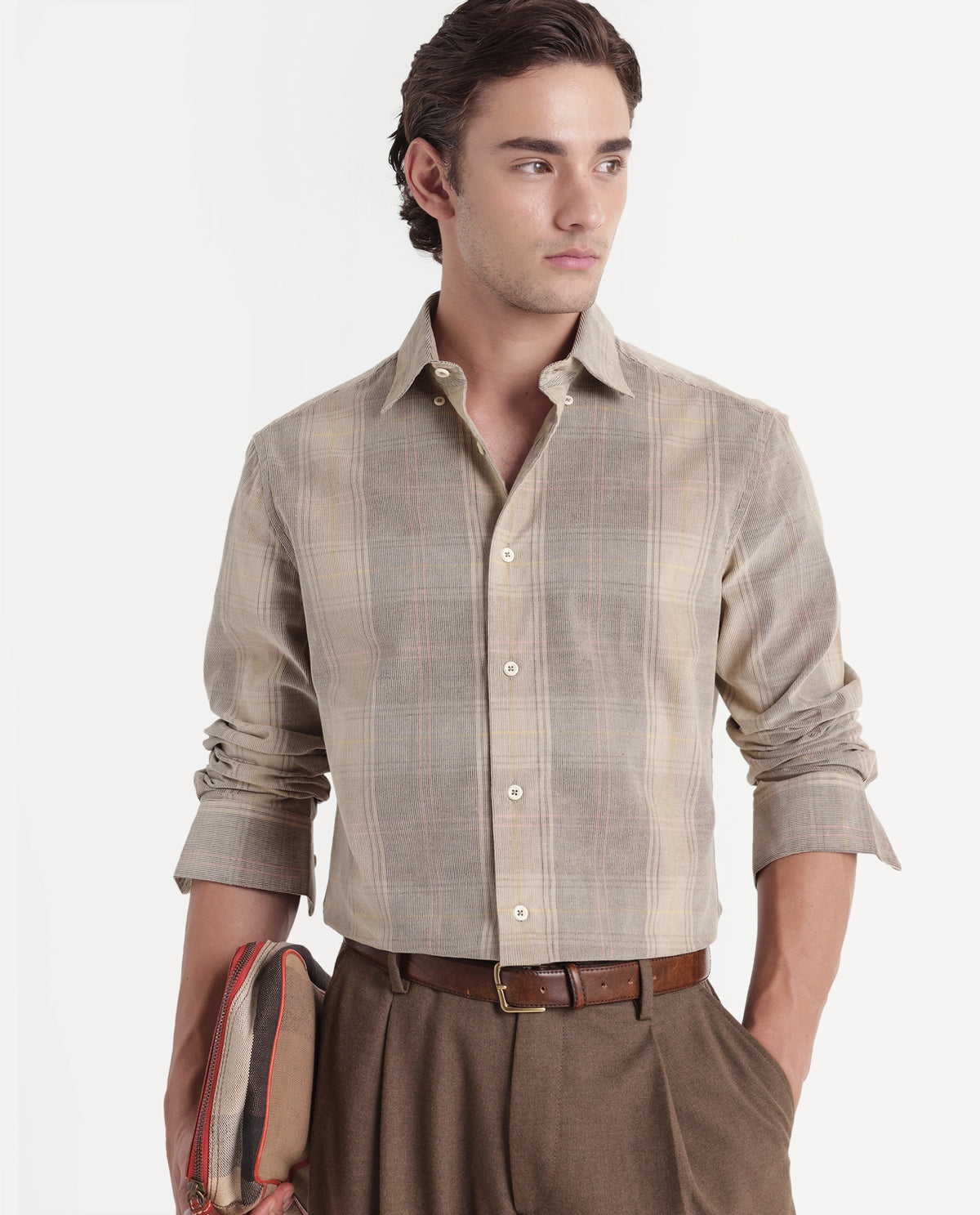 Rare Rabbit Men's Ezra Beige Cotton Button Regular Fit Checked Shirt