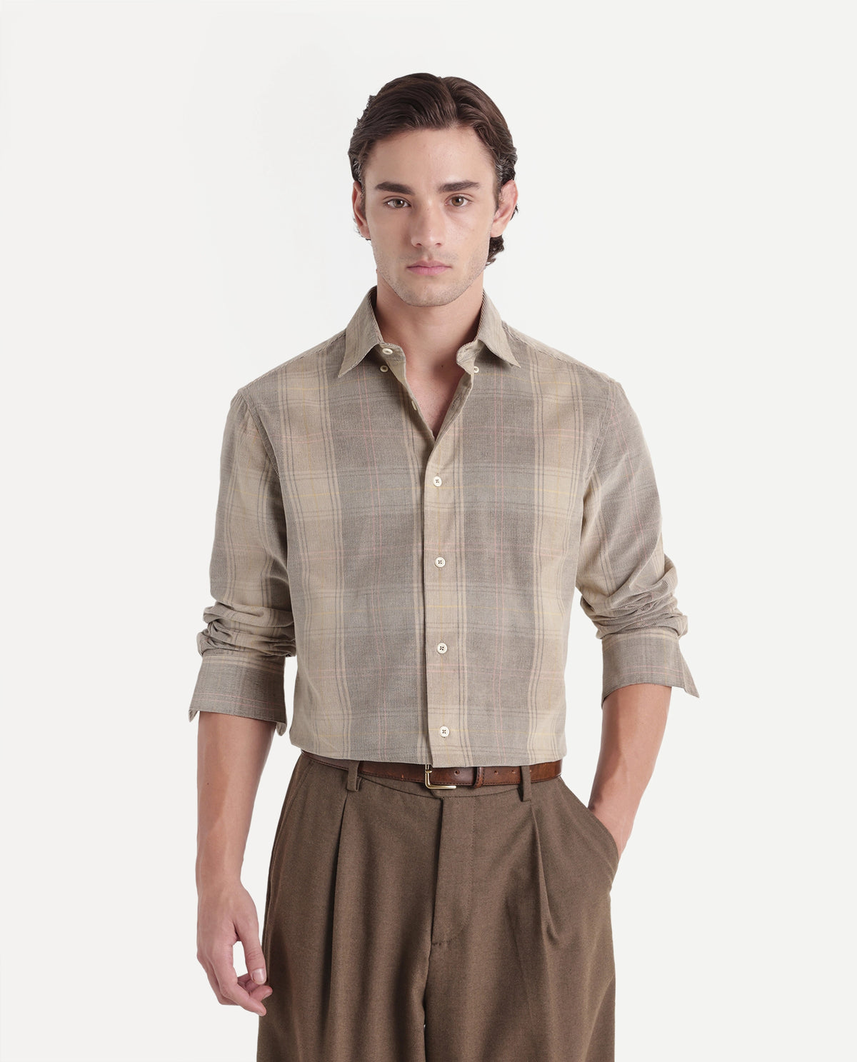 Rare Rabbit Men's Ezra Beige Cotton Button Regular Fit Checked Shirt