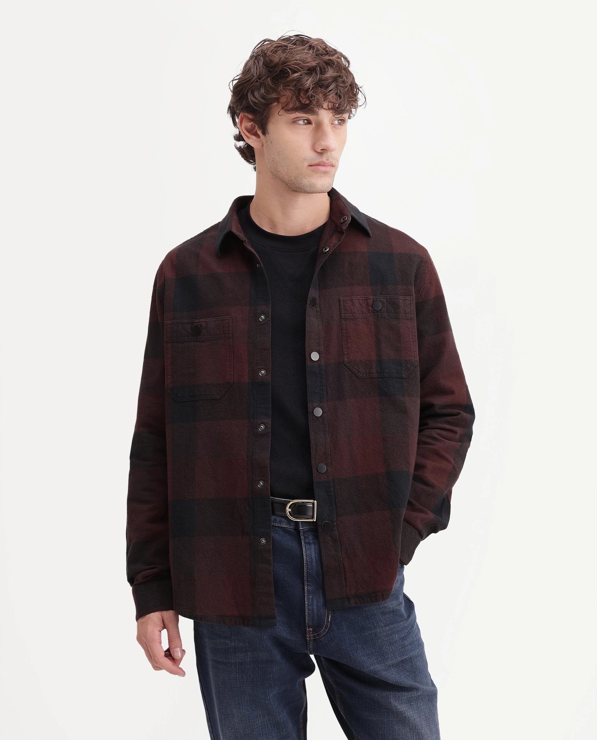 Rare Rabbit Men's Asdo Red Cotton Snap Button Regular Fit Checked Shirt