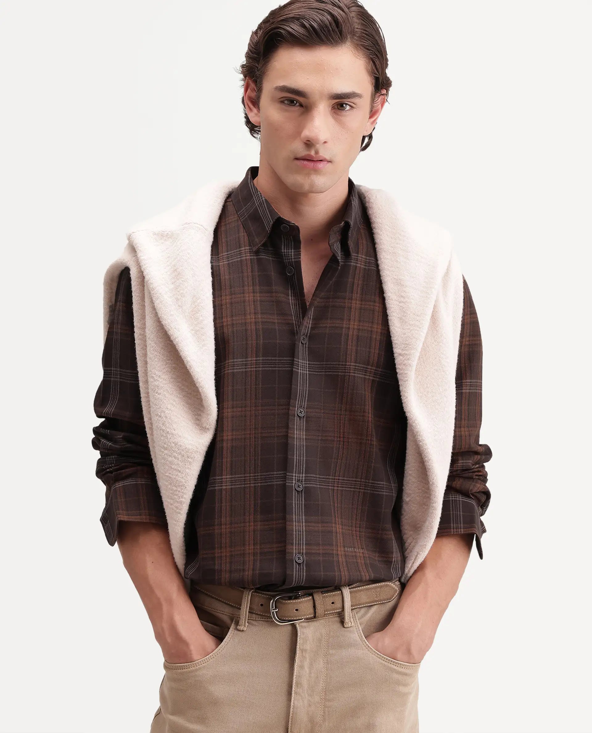 Rare Rabbit Men's Tork Brown Cotton Button Regular Fit Checked Shacket