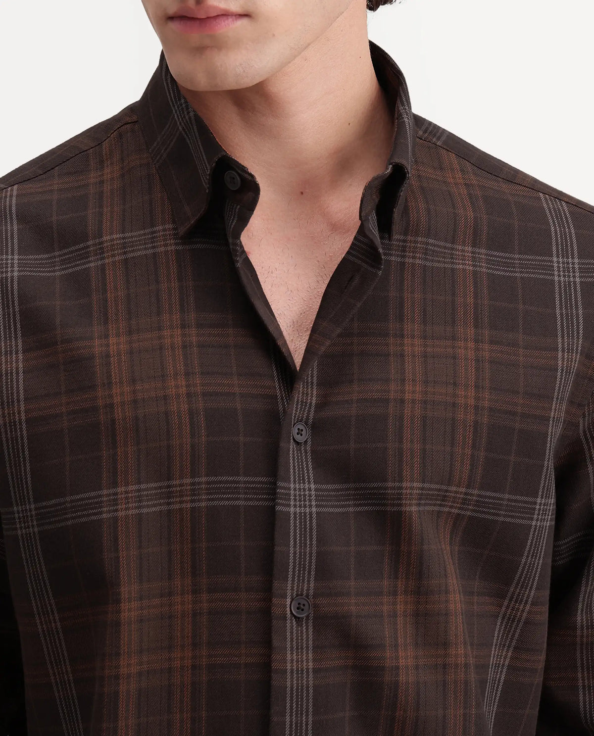 Rare Rabbit Men's Tork Brown Cotton Button Regular Fit Checked Shacket