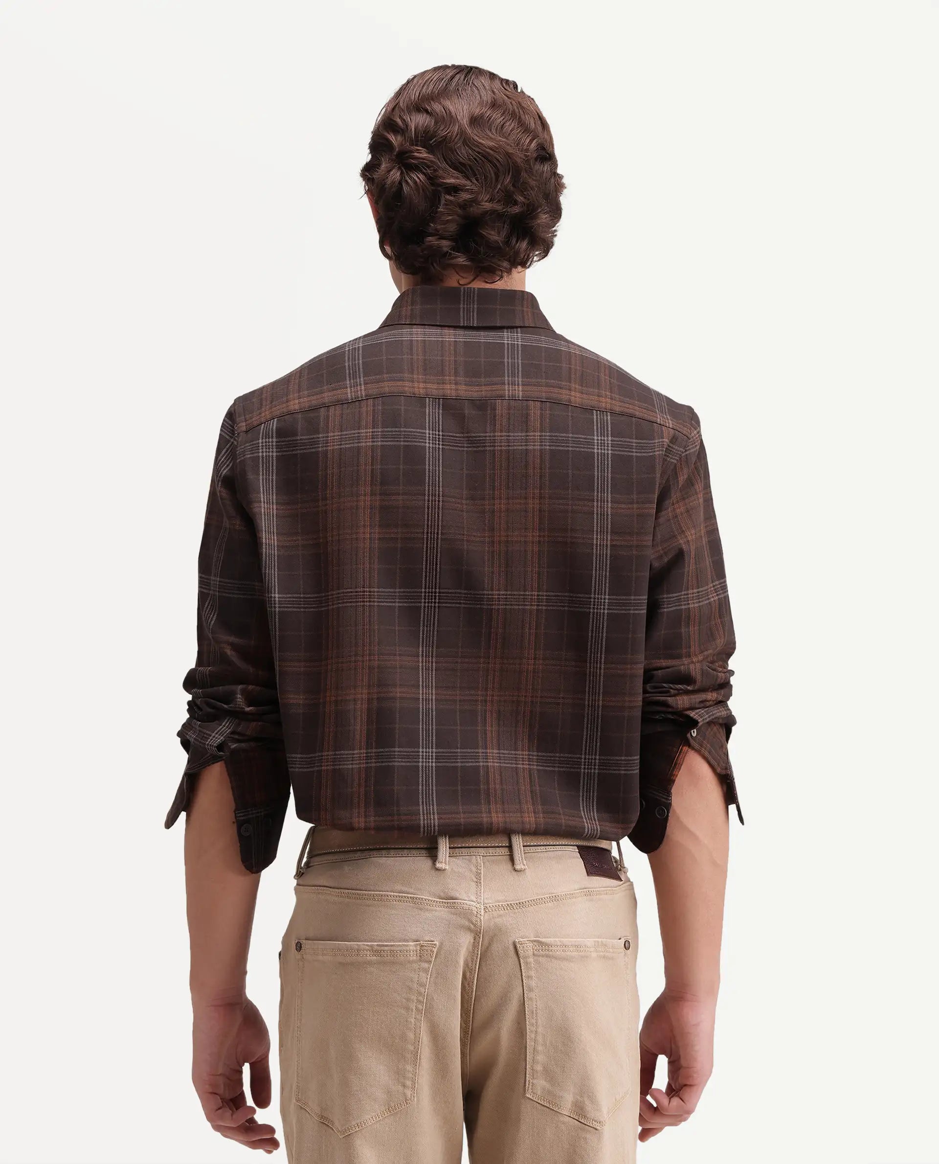 Rare Rabbit Men's Tork Brown Cotton Button Regular Fit Checked Shacket
