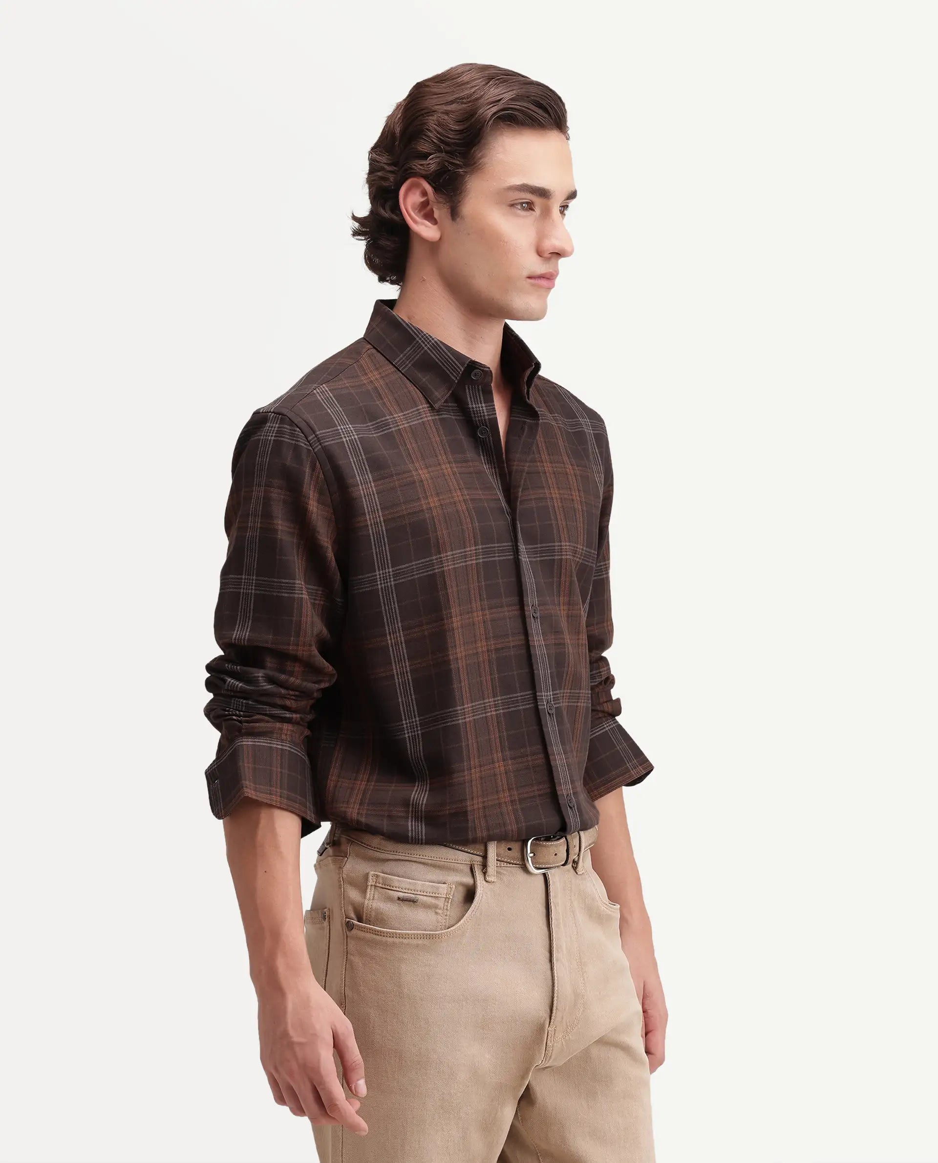 Rare Rabbit Men's Tork Brown Cotton Button Regular Fit Checked Shacket