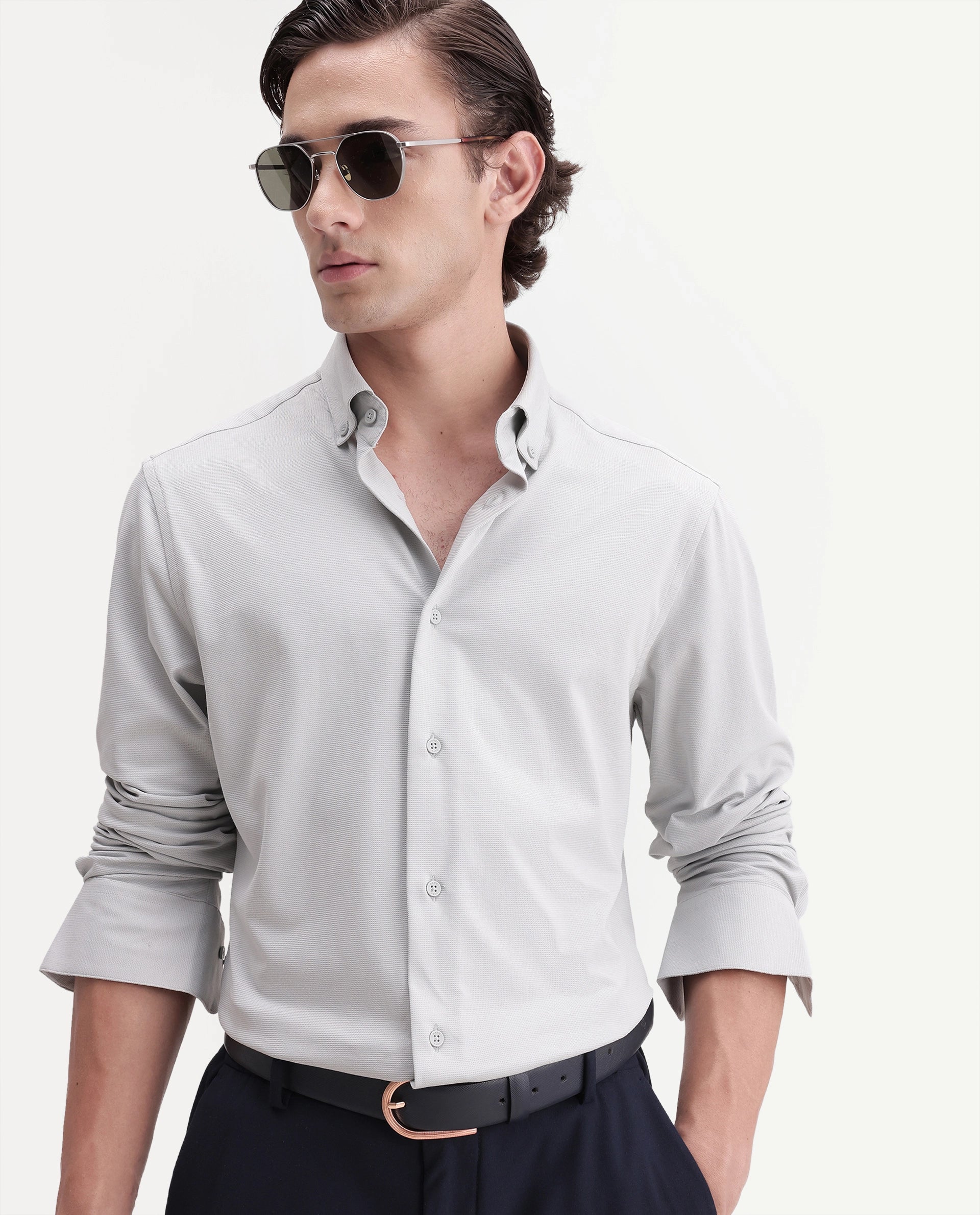 Rare Rabbit Men's Jess Pastel Green Polyester Blend Button Regular Fit Plain Shirt