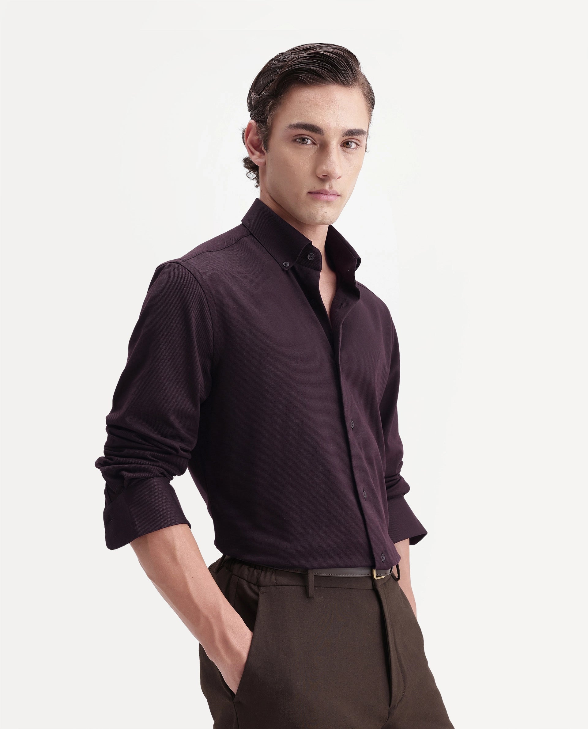 Rare Rabbit Men's Jess Brown Polyester Blend Button Regular Fit Plain Shirt