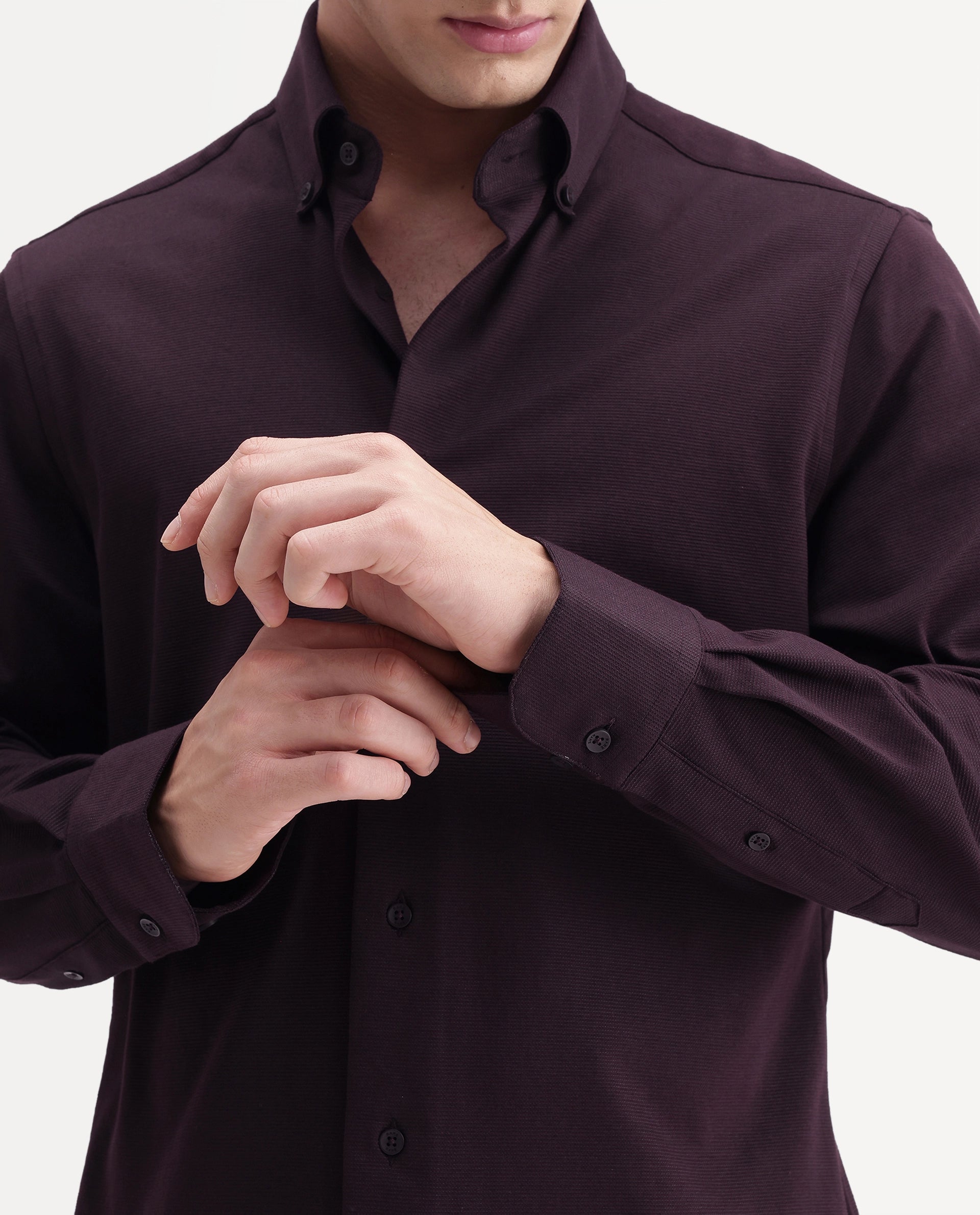 Rare Rabbit Men's Jess Brown Polyester Blend Button Regular Fit Plain Shirt