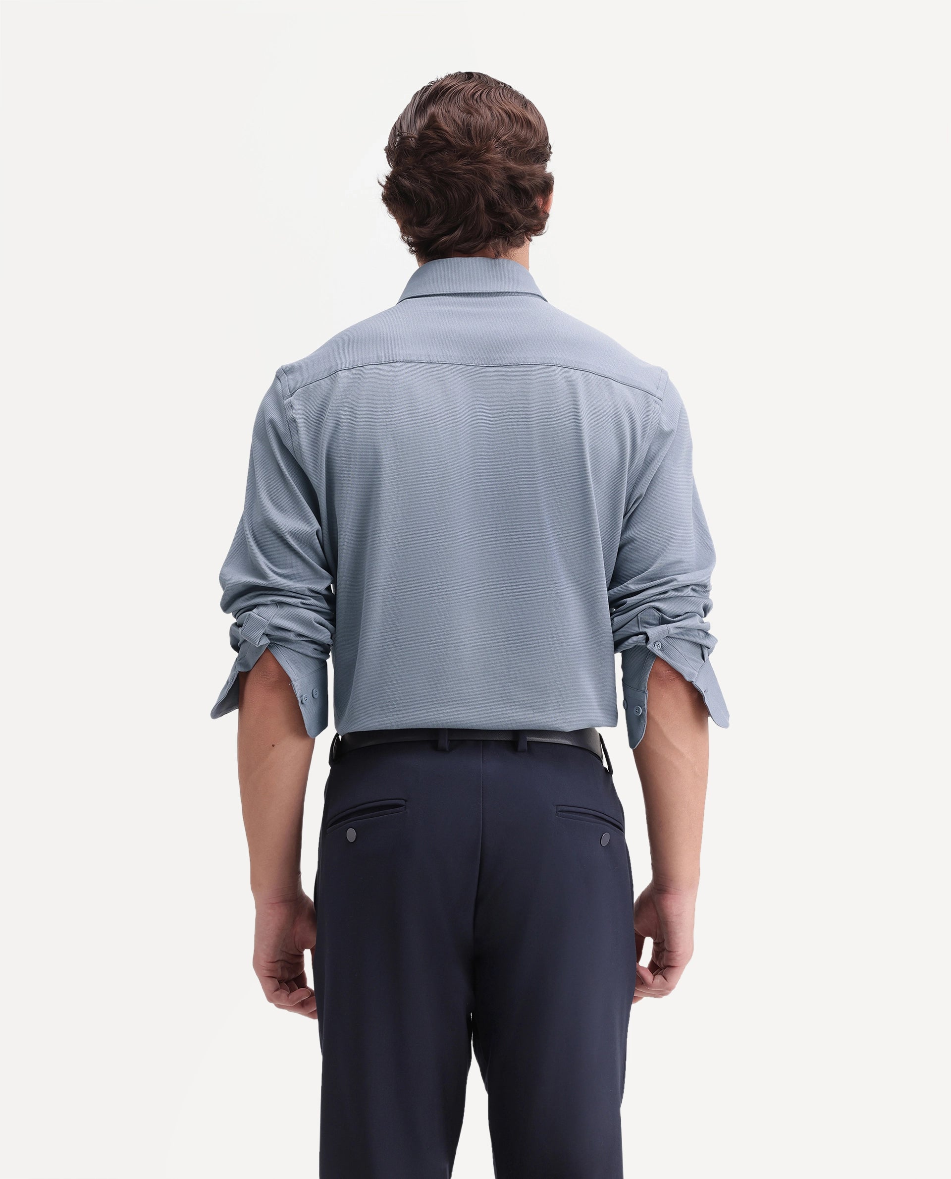 Rare Rabbit Men's Jess Dusky Blue Polyester Blend Button Regular Fit Plain Shirt