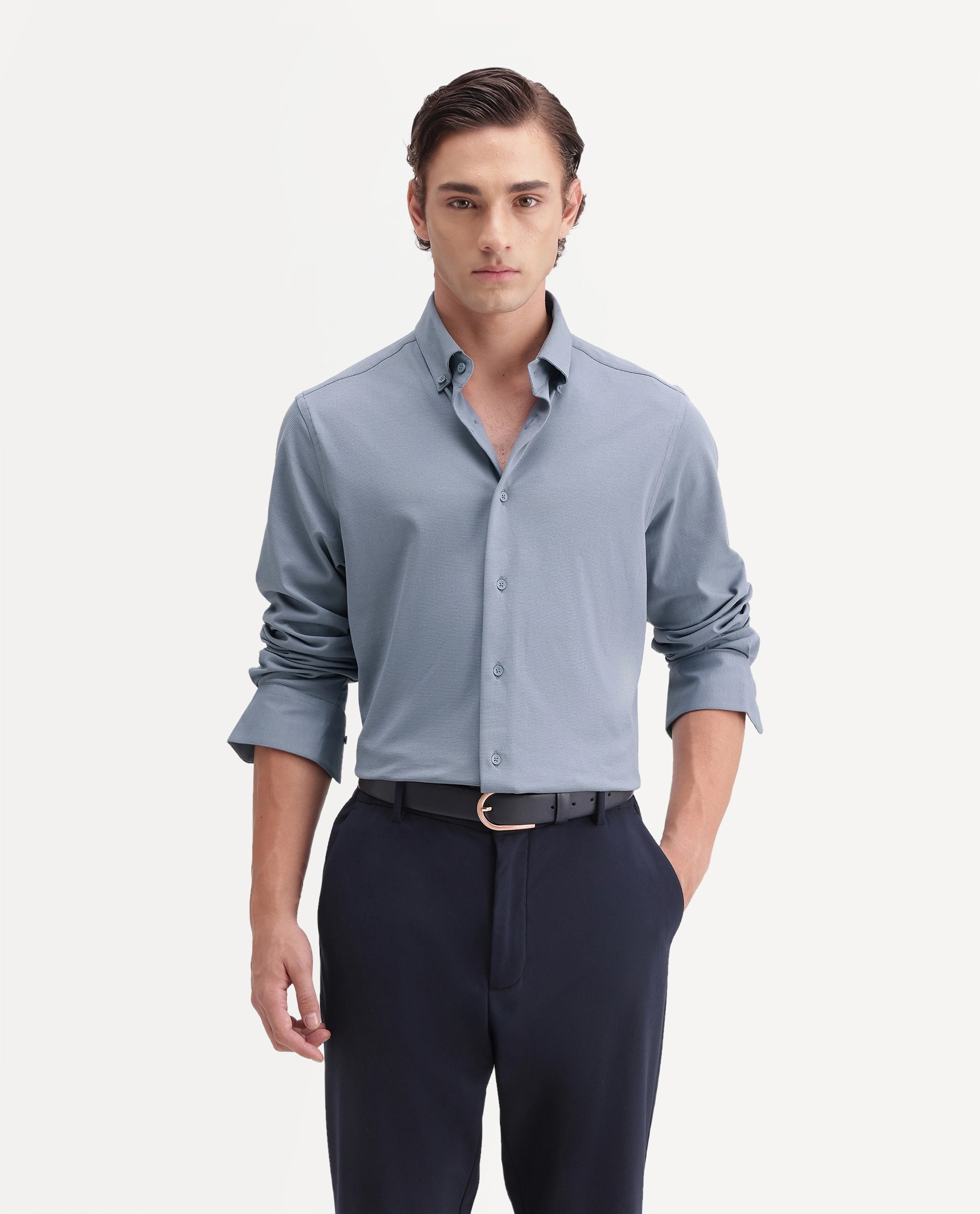 Rare Rabbit Men's Jess Dusky Blue Polyester Blend Button Regular Fit Plain Shirt