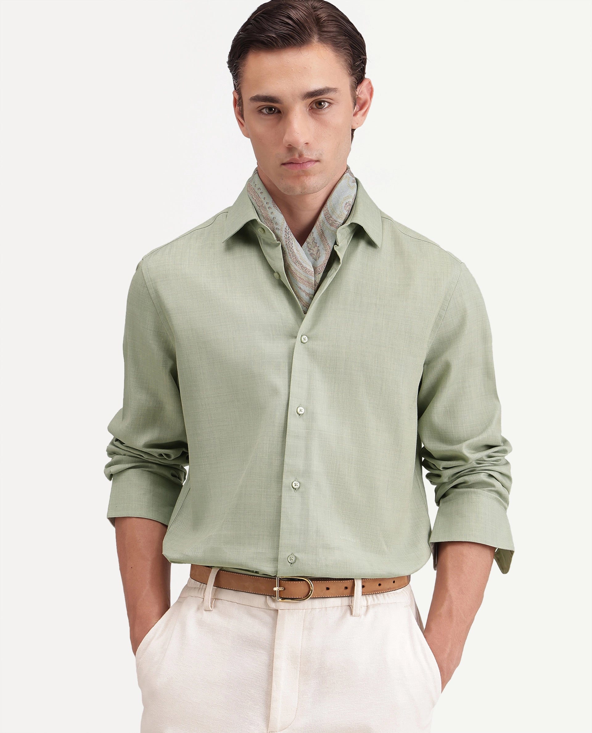 Rare Rabbit Men's Gama Dusky Green Cotton Blend Button Regular Fit Plain Shirt