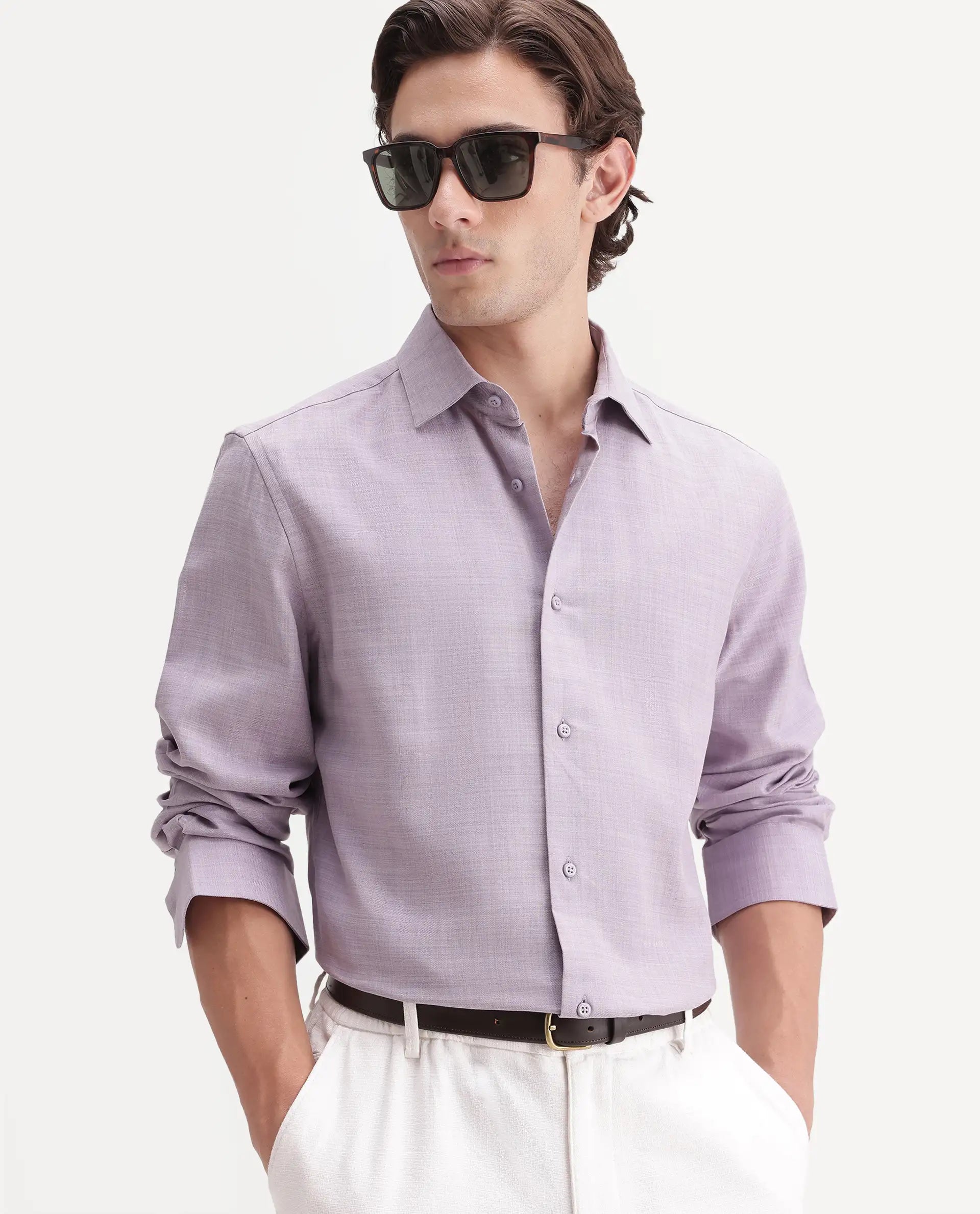 Rare Rabbit Men's Gama Pastel Purple Cotton Blend Button Regular Fit Plain Shirt